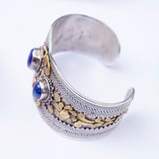 Vintage Silver And Brass Cuff With Lapis Lazuli Stones, Embellished Sterling Silver Bangle Cuff With Gemstone Accents, Indian Silver Cuff