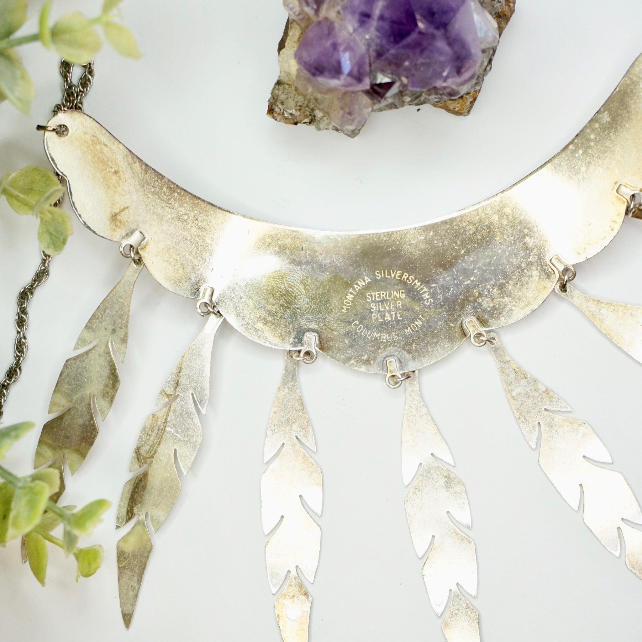 Vintage Silver Plated Choker Necklace With Feather Tassels and Matching Earrings, Silver Choker and Earrings Set With Feather Details