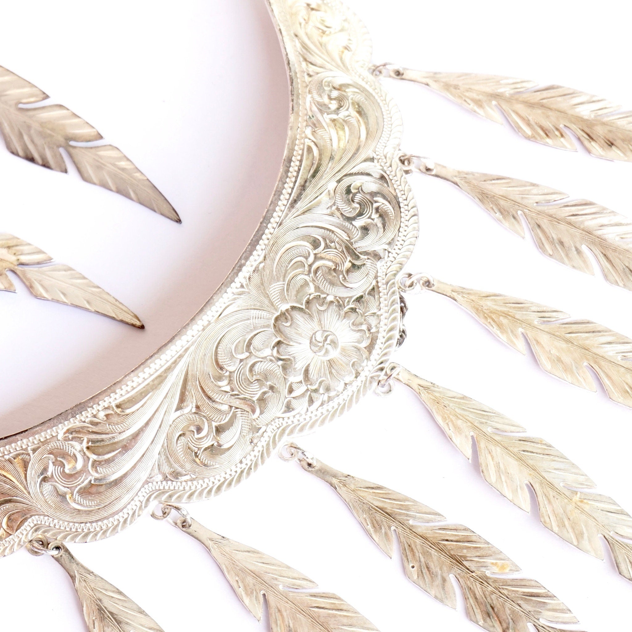 Vintage Silver Plated Choker Necklace With Feather Tassels and Matching Earrings, Silver Choker and Earrings Set With Feather Details
