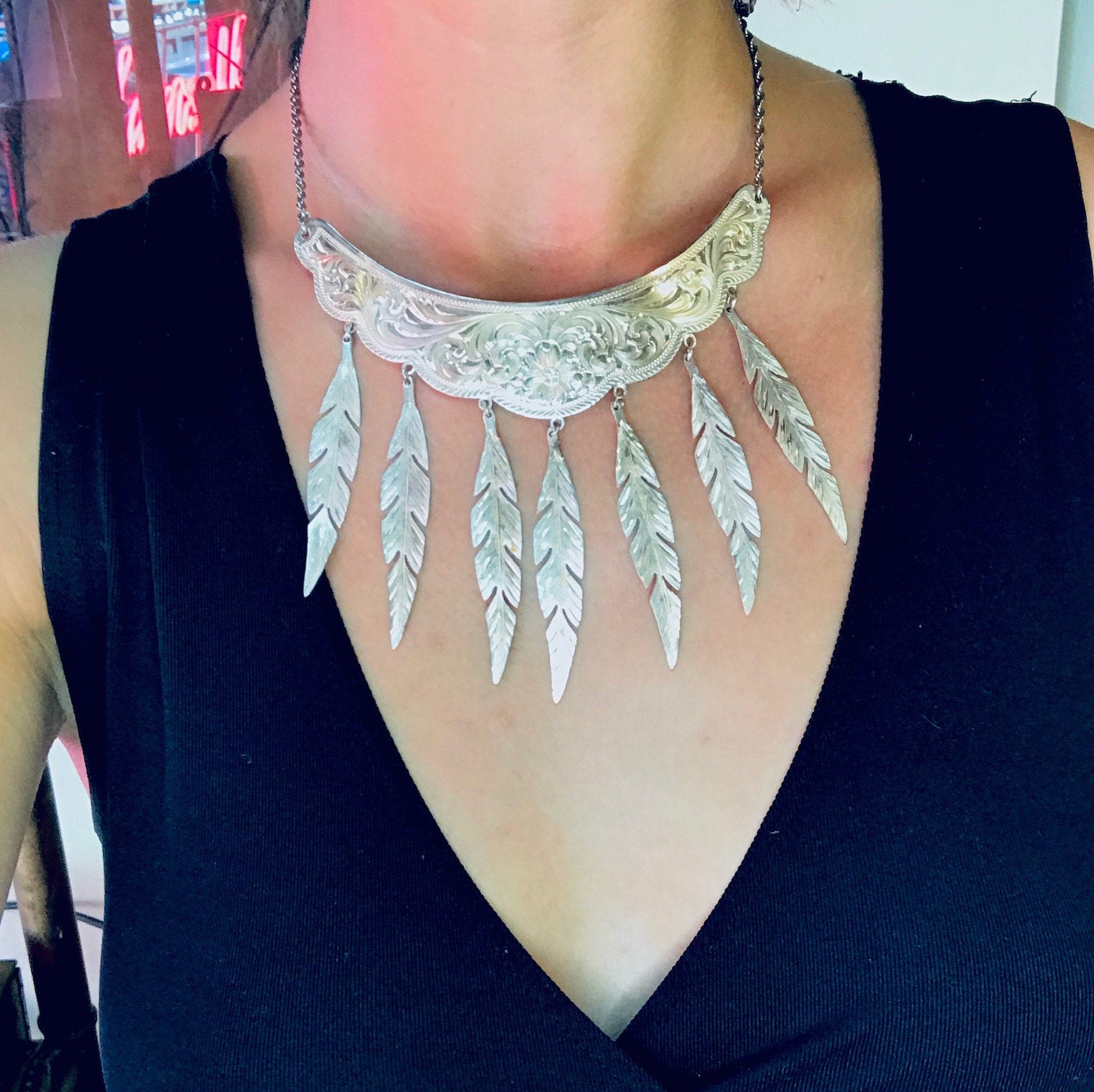 Vintage Silver Plated Choker Necklace With Feather Tassels and Matching Earrings, Silver Choker and Earrings Set With Feather Details
