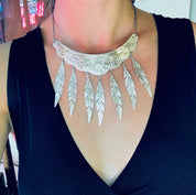 Vintage Silver Plated Choker Necklace With Feather Tassels and Matching Earrings, Silver Choker and Earrings Set With Feather Details