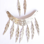 Vintage Silver Plated Choker Necklace With Feather Tassels and Matching Earrings, Silver Choker and Earrings Set With Feather Details