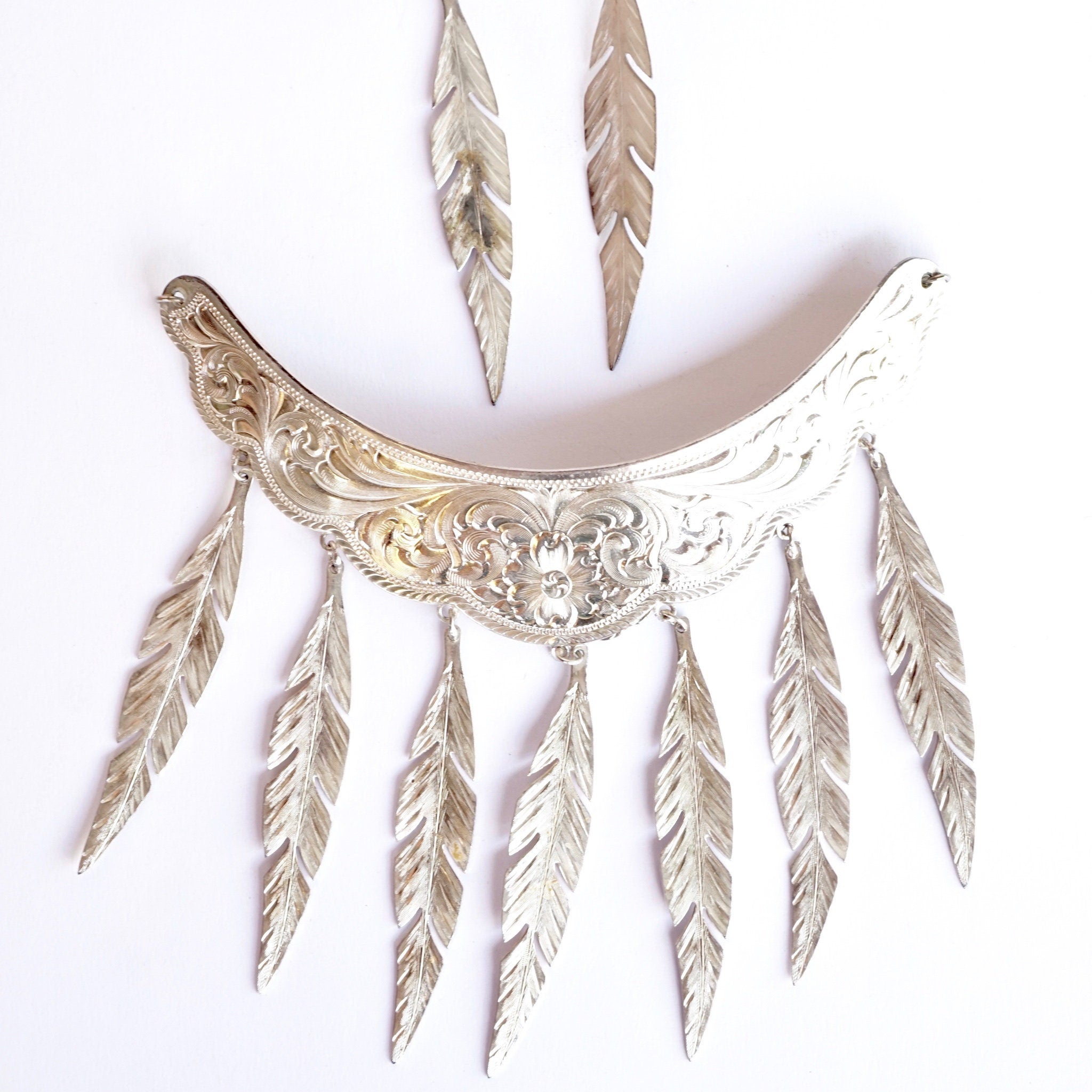 Vintage Silver Plated Choker Necklace With Feather Tassels and Matching Earrings, Silver Choker and Earrings Set With Feather Details