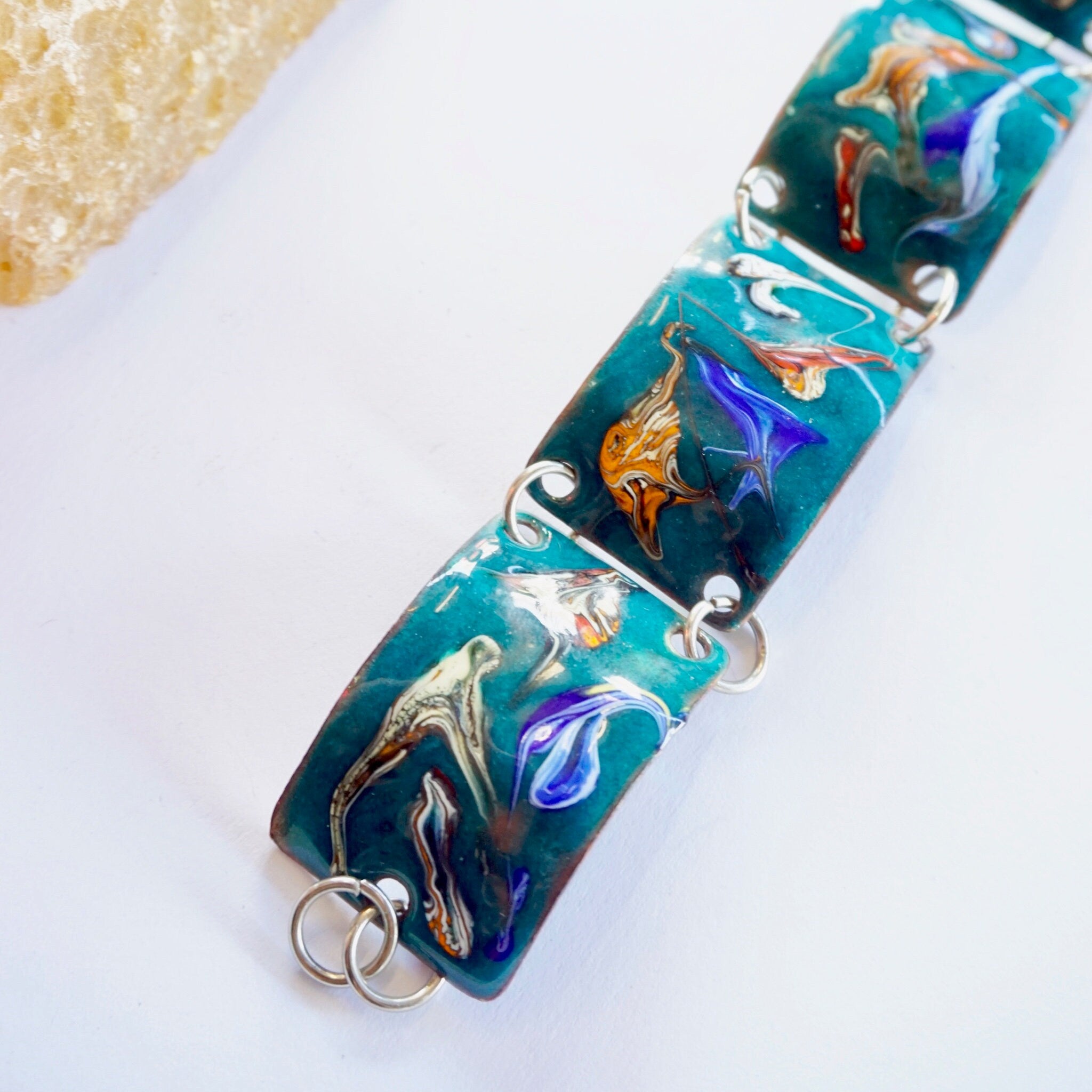 Vintage Vitreous Enamel on Copper Bracelet, Unique Dark Turquoise Enamel Bracelet With Colorful Abstract Pattern, Artistic Handmade Bracelet