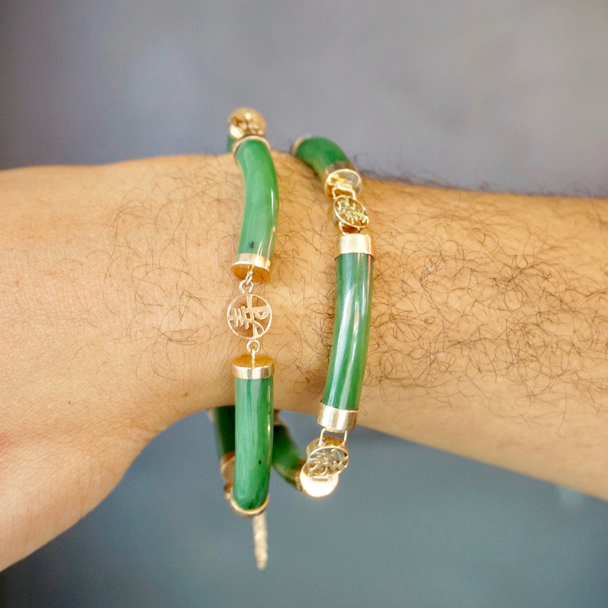 Vintage Chinese Jade and 14K Gold Bracelet, Beautiful Jade Bangle With 14k Gold Accents, Natural Jade Bracelet With Gold Chinese Symbols