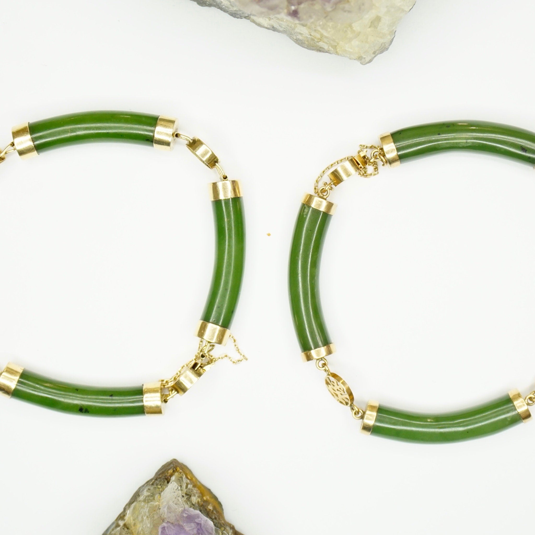 Vintage Chinese Jade and 14K Gold Bracelet, Beautiful Jade Bangle With 14k Gold Accents, Natural Jade Bracelet With Gold Chinese Symbols