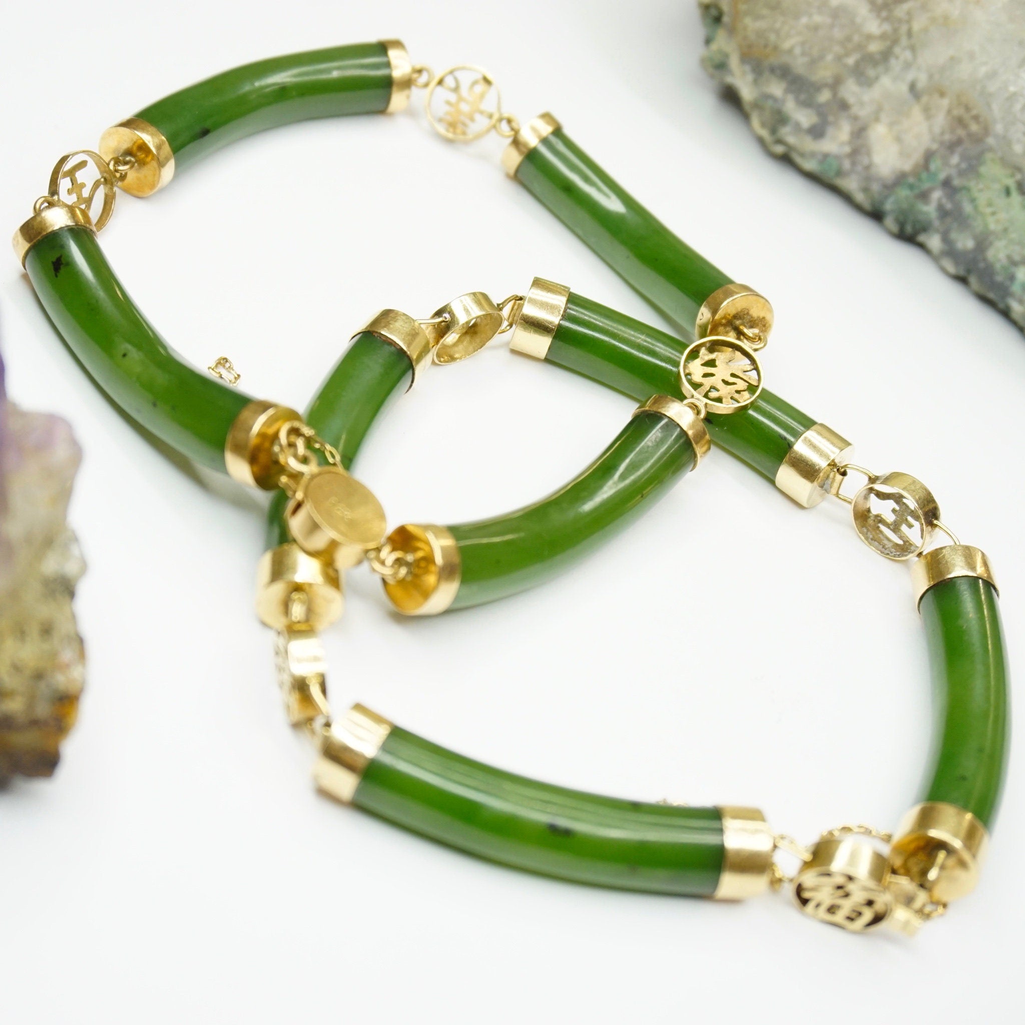 Vintage Chinese Jade and 14K Gold Bracelet, Beautiful Jade Bangle With 14k Gold Accents, Natural Jade Bracelet With Gold Chinese Symbols