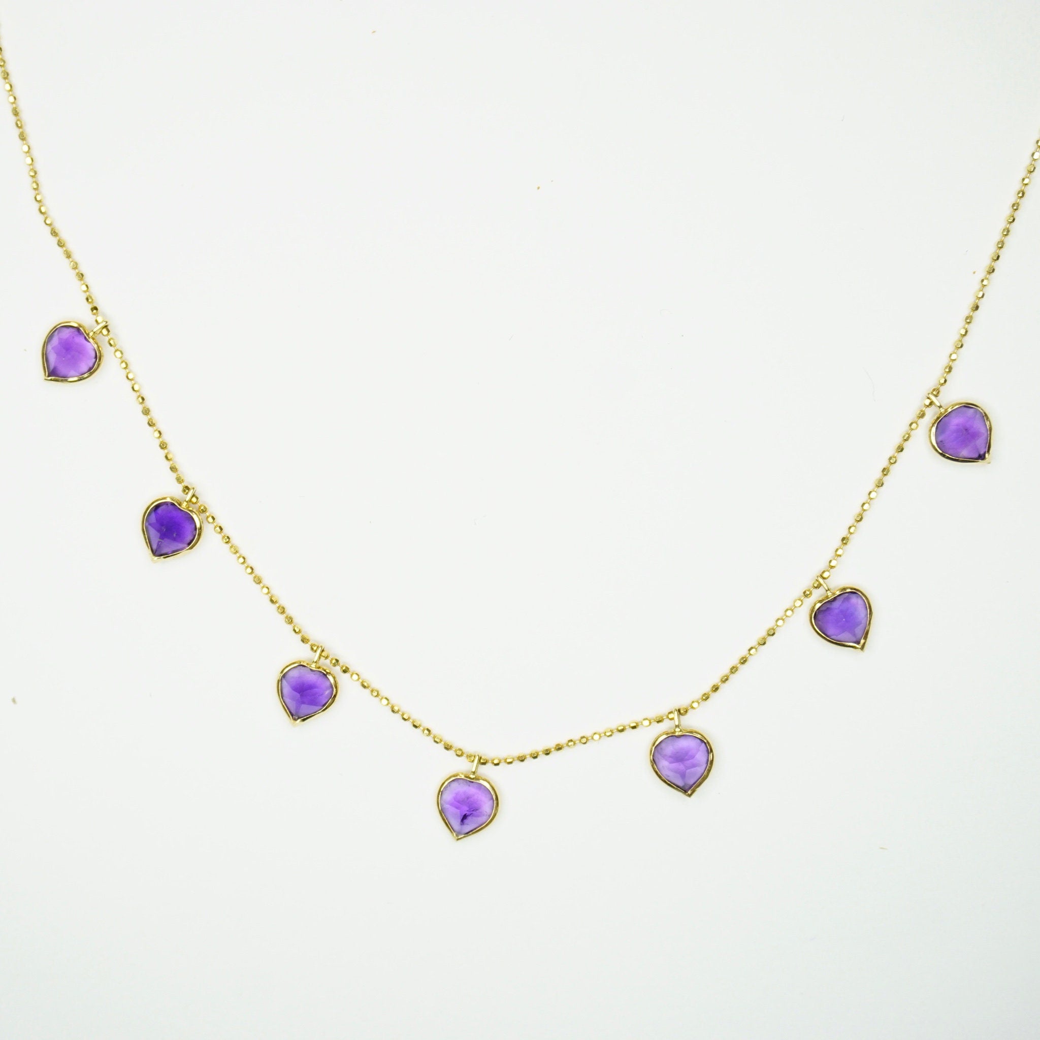 Vintage 14k Gold Choker Necklace With Purple Charms, Minimalist Necklace With Gold and Purple Details, 14K Gold Heart Choker Necklace