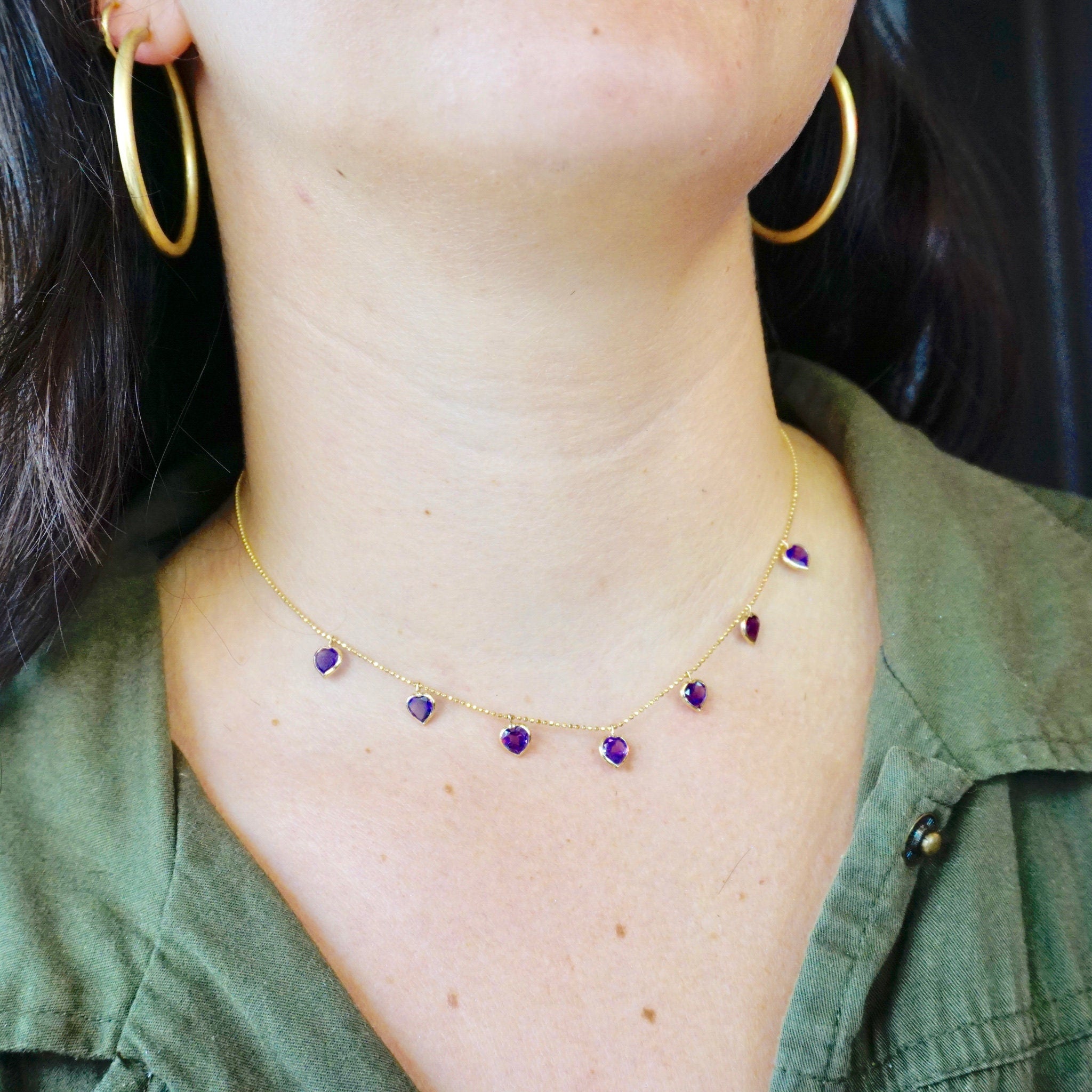 Vintage 14k Gold Choker Necklace With Purple Charms, Minimalist Necklace With Gold and Purple Details, 14K Gold Heart Choker Necklace