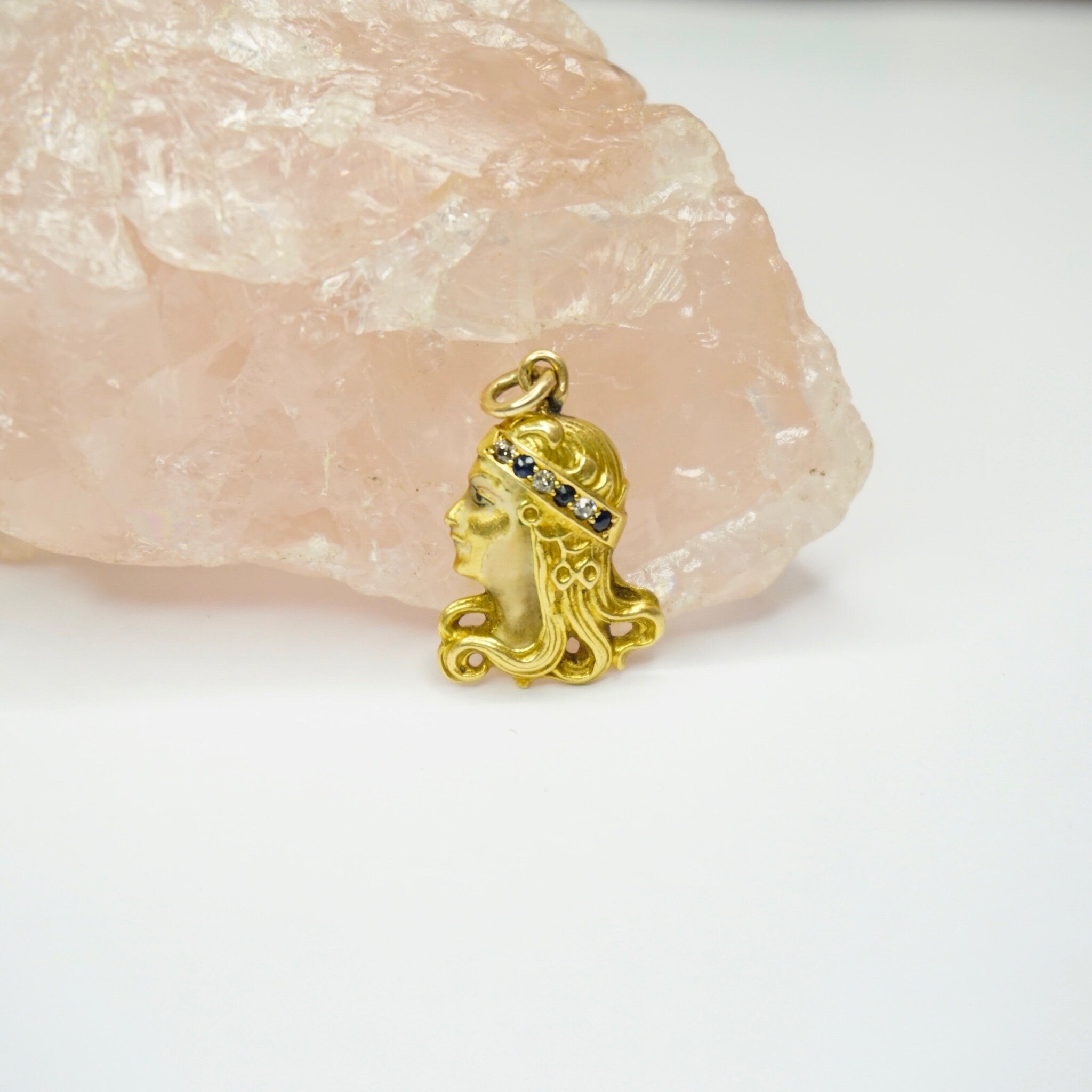 Vintage 18K Gold Woman Pendant, Golden Woman With Diamond Crown Charm, Art Nouveau 18k Gold Charm With Diamonds