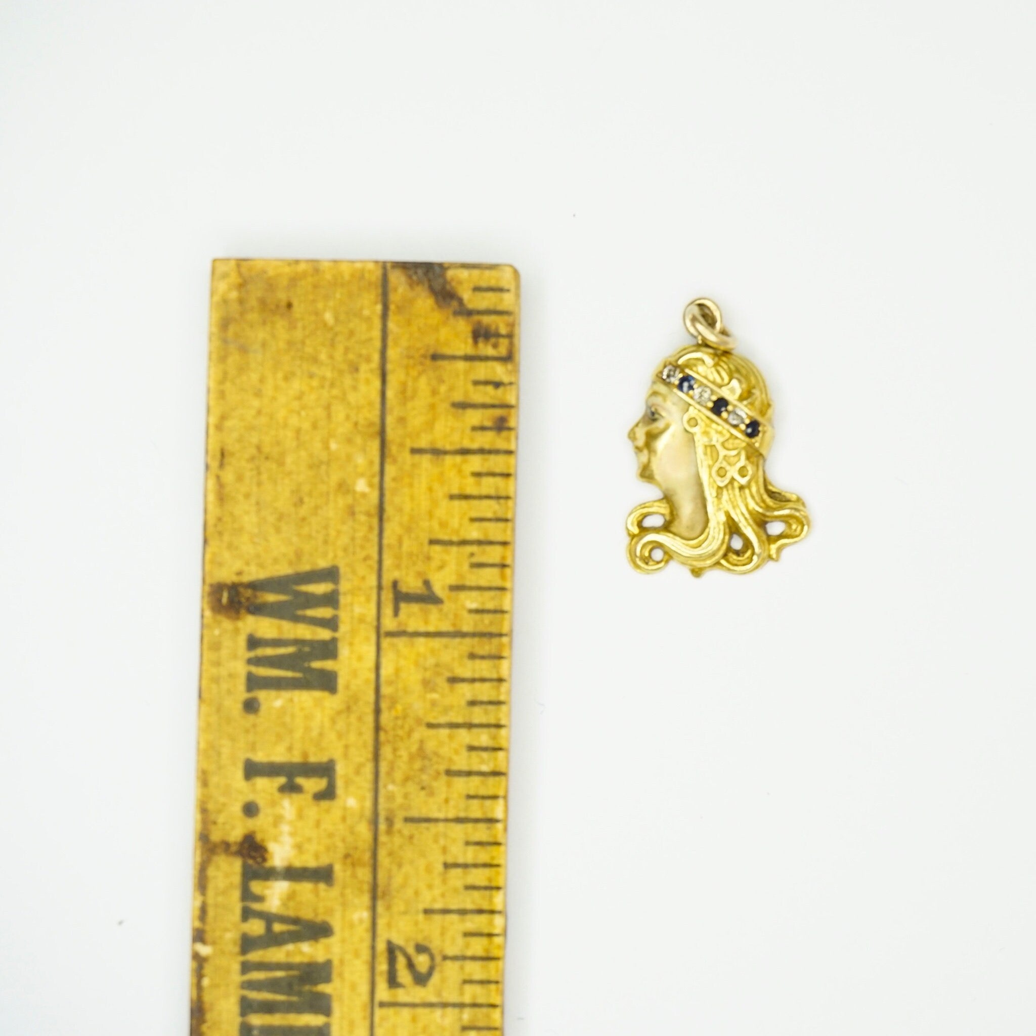Vintage 18K Gold Woman Pendant, Golden Woman With Diamond Crown Charm, Art Nouveau 18k Gold Charm With Diamonds