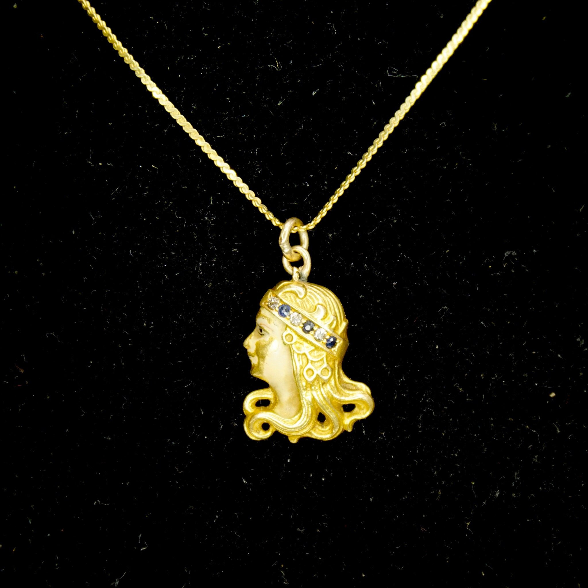 Vintage 18K Gold Woman Pendant, Golden Woman With Diamond Crown Charm, Art Nouveau 18k Gold Charm With Diamonds