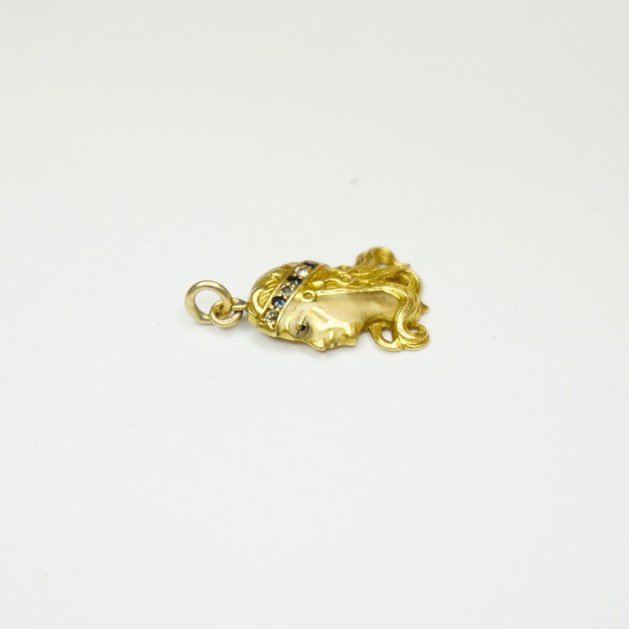 Vintage 18K Gold Woman Pendant, Golden Woman With Diamond Crown Charm, Art Nouveau 18k Gold Charm With Diamonds