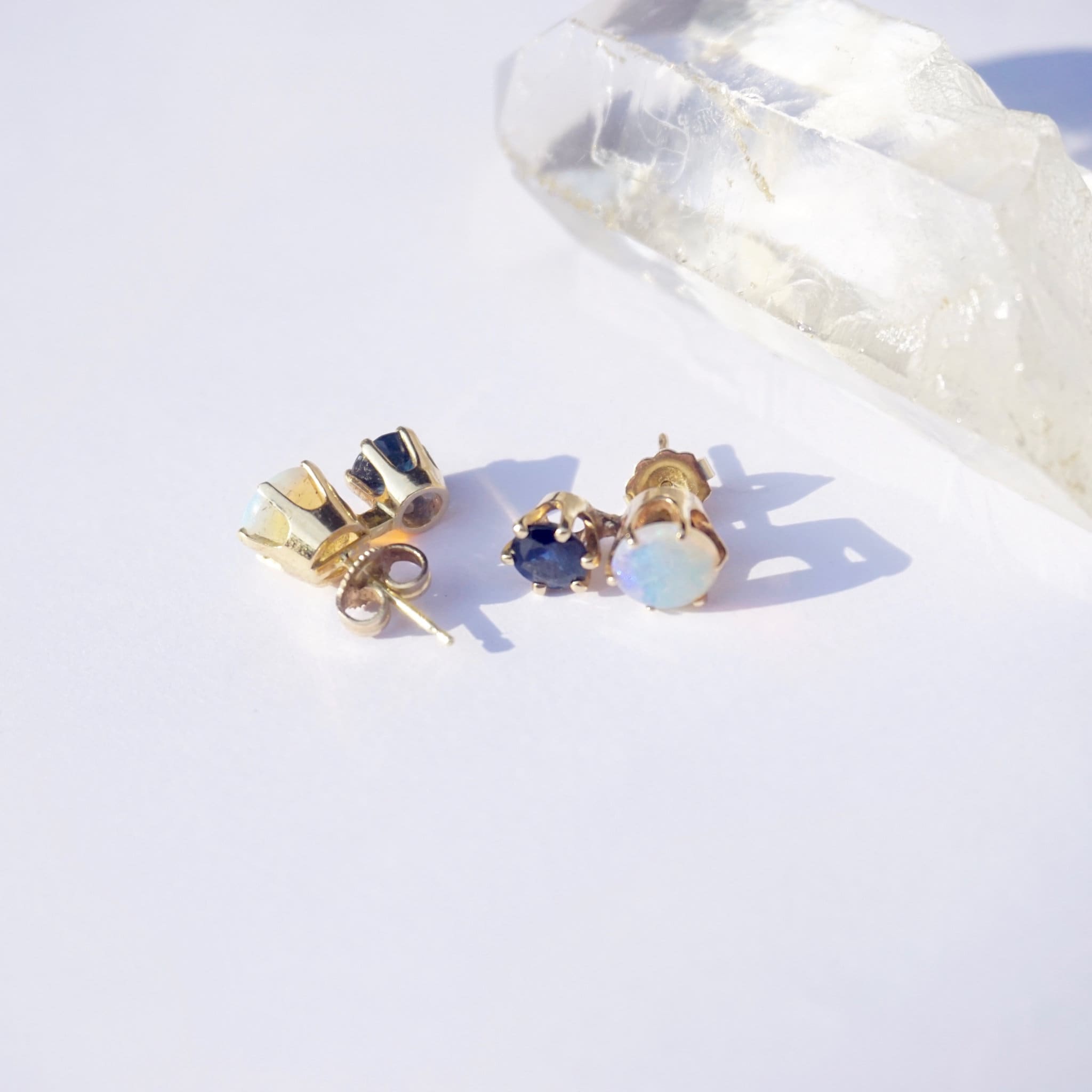 Vintage 10K Gold Opal Stud Earrings with Dark Blue Gemstone, Elegant Gold 2-Stone Earrings With Opal and Blue Gemstone, 10K Gold Earrings