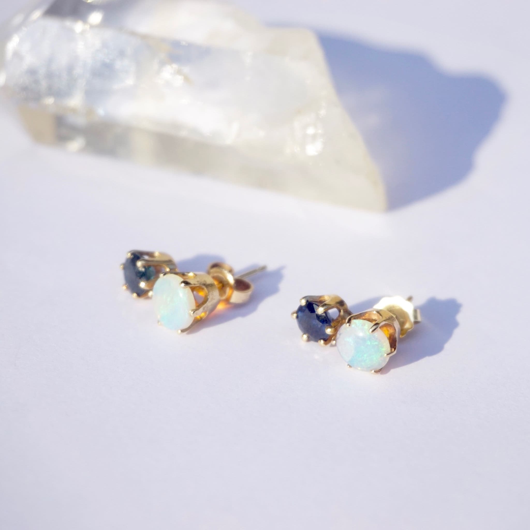 Vintage 10K Gold Opal Stud Earrings with Dark Blue Gemstone, Elegant Gold 2-Stone Earrings With Opal and Blue Gemstone, 10K Gold Earrings