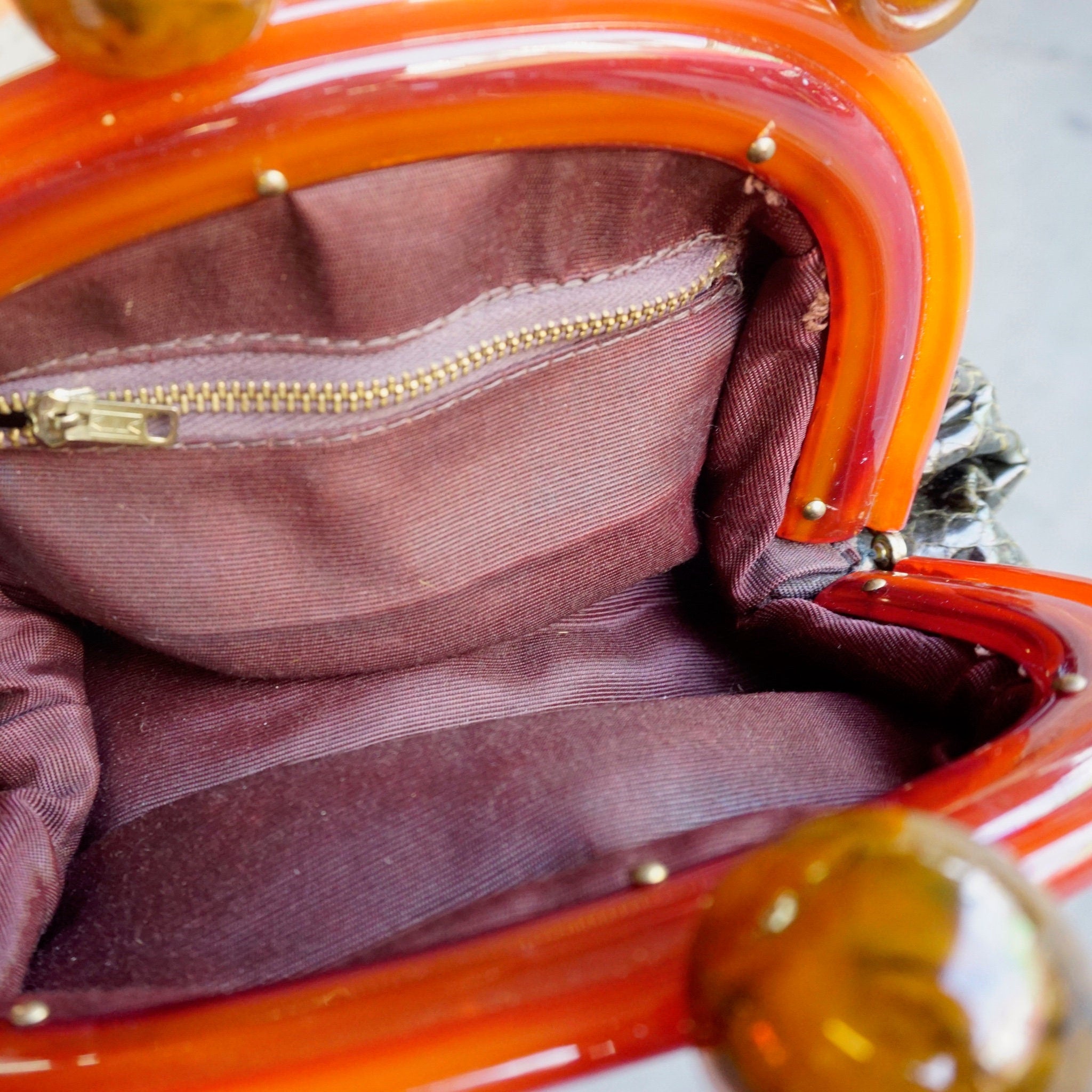 Vintage Bakelite Purse With Genuine Snakeskin, Unique Snakeskin Bag with Bakelite Chain and Trim, Gorgeous Bakelite Snakeskin Purse