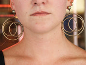 Vintage Hoop Drop Earrings With Heart Stud, Abstract Metal Hoop Drop Stud Earrings, Bronze Toned Earrings With Heart Stud and Circle Design