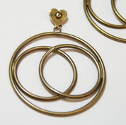 Vintage Hoop Drop Earrings With Heart Stud, Abstract Metal Hoop Drop Stud Earrings, Bronze Toned Earrings With Heart Stud and Circle Design