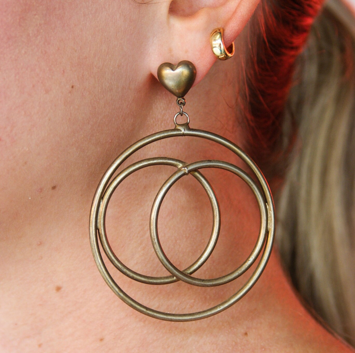 Vintage Hoop Drop Earrings With Heart Stud, Abstract Metal Hoop Drop Stud Earrings, Bronze Toned Earrings With Heart Stud and Circle Design