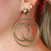 Vintage Hoop Drop Earrings With Heart Stud, Abstract Metal Hoop Drop Stud Earrings, Bronze Toned Earrings With Heart Stud and Circle Design