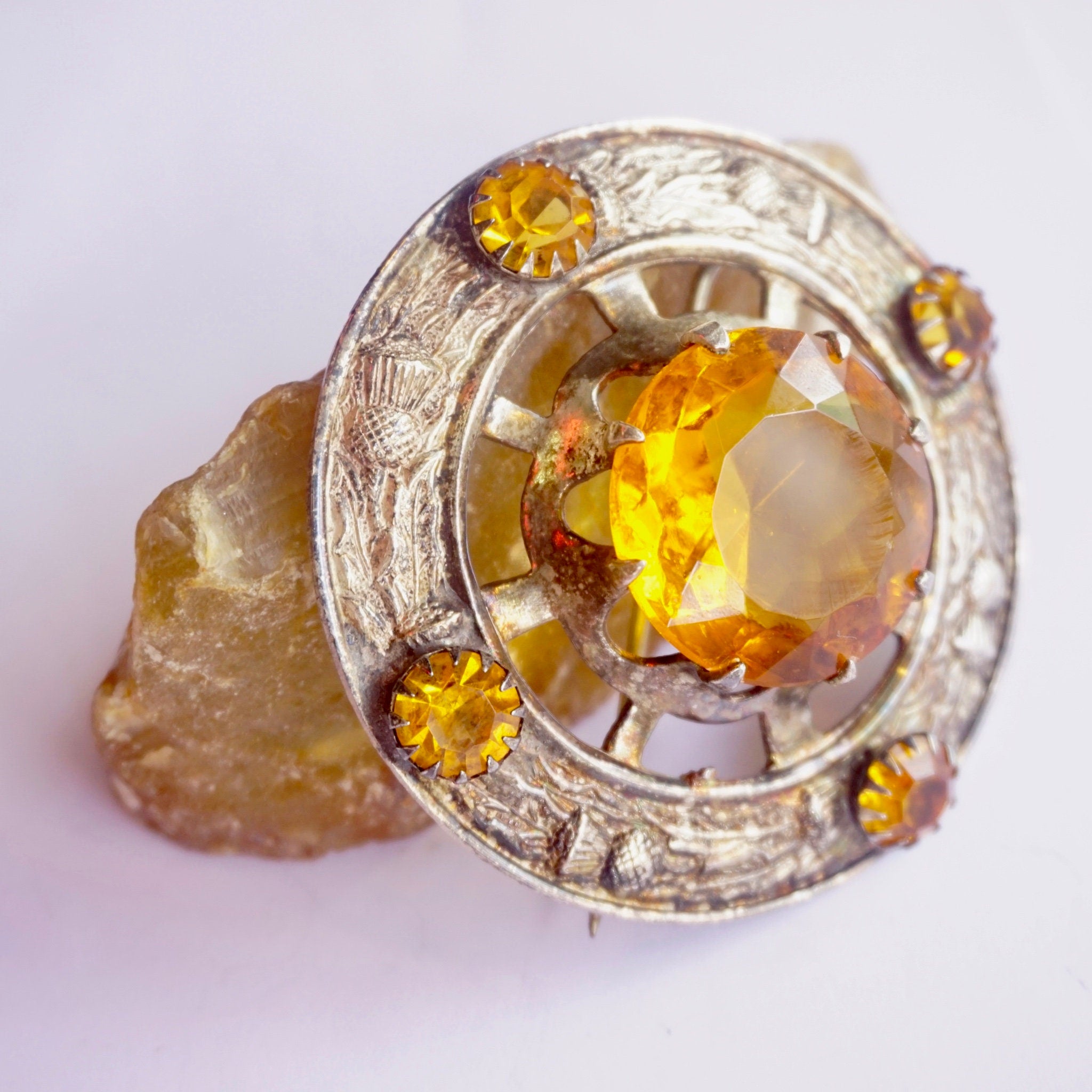 Vintage Silver Plated Scottish Kilt Pin With Large Amber Stone, Made In Great Britain Amber Brooch With Silver Thistle Design
