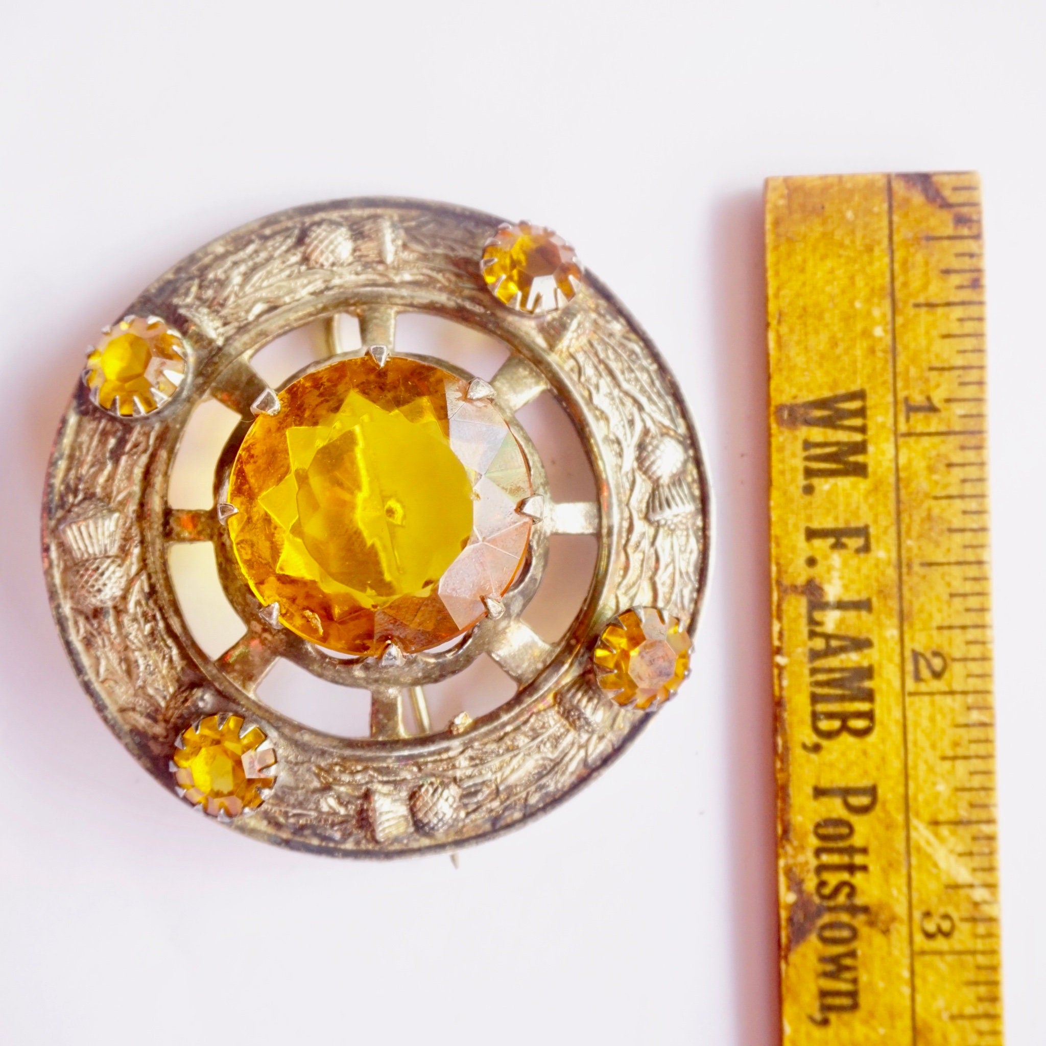 Vintage Silver Plated Scottish Kilt Pin With Large Amber Stone, Made In Great Britain Amber Brooch With Silver Thistle Design