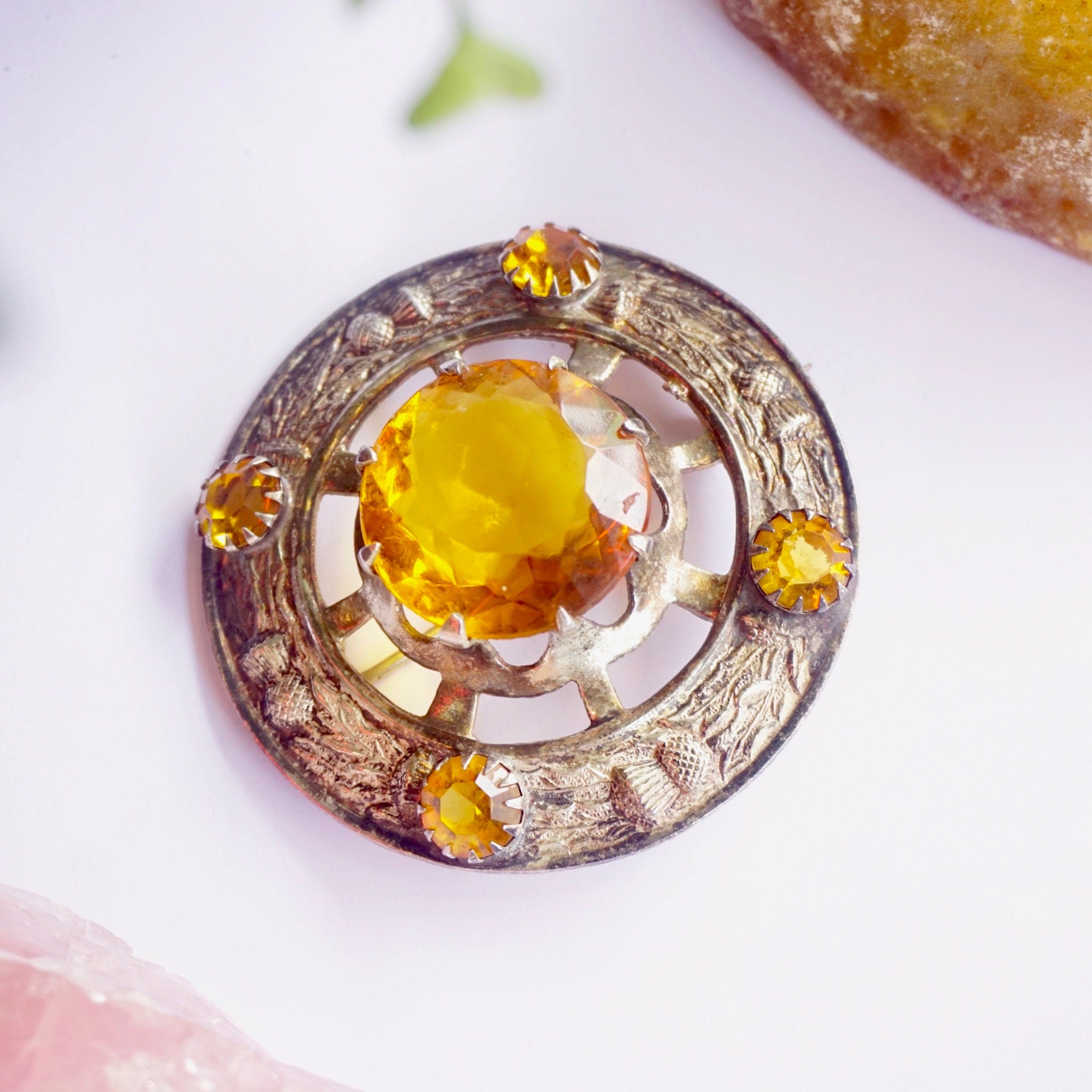 Vintage Silver Plated Scottish Kilt Pin With Large Amber Stone, Made In Great Britain Amber Brooch With Silver Thistle Design