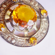 Vintage Silver Plated Scottish Kilt Pin With Large Amber Stone, Made In Great Britain Amber Brooch With Silver Thistle Design