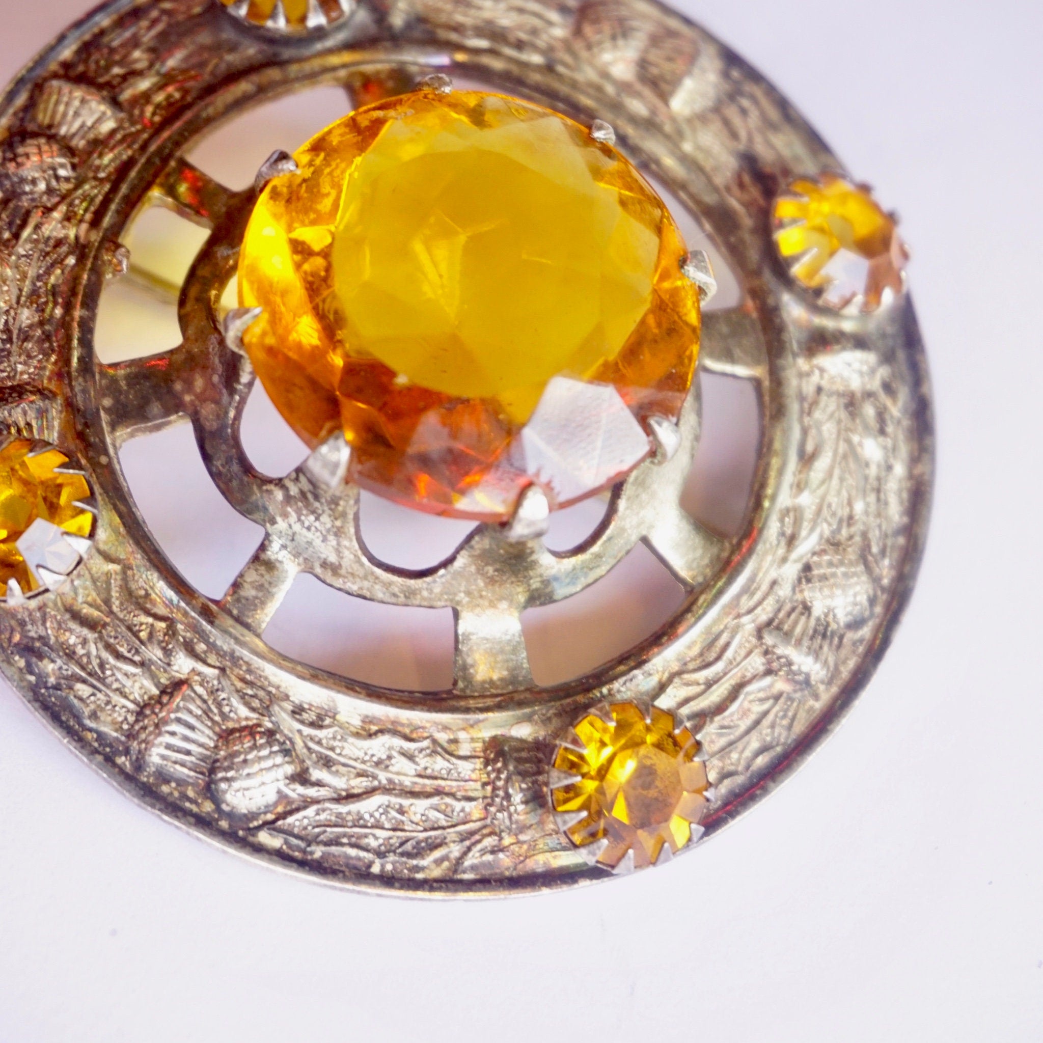 Vintage Silver Plated Scottish Kilt Pin With Large Amber Stone, Made In Great Britain Amber Brooch With Silver Thistle Design