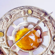 Vintage Silver Plated Scottish Kilt Pin With Large Amber Stone, Made In Great Britain Amber Brooch With Silver Thistle Design