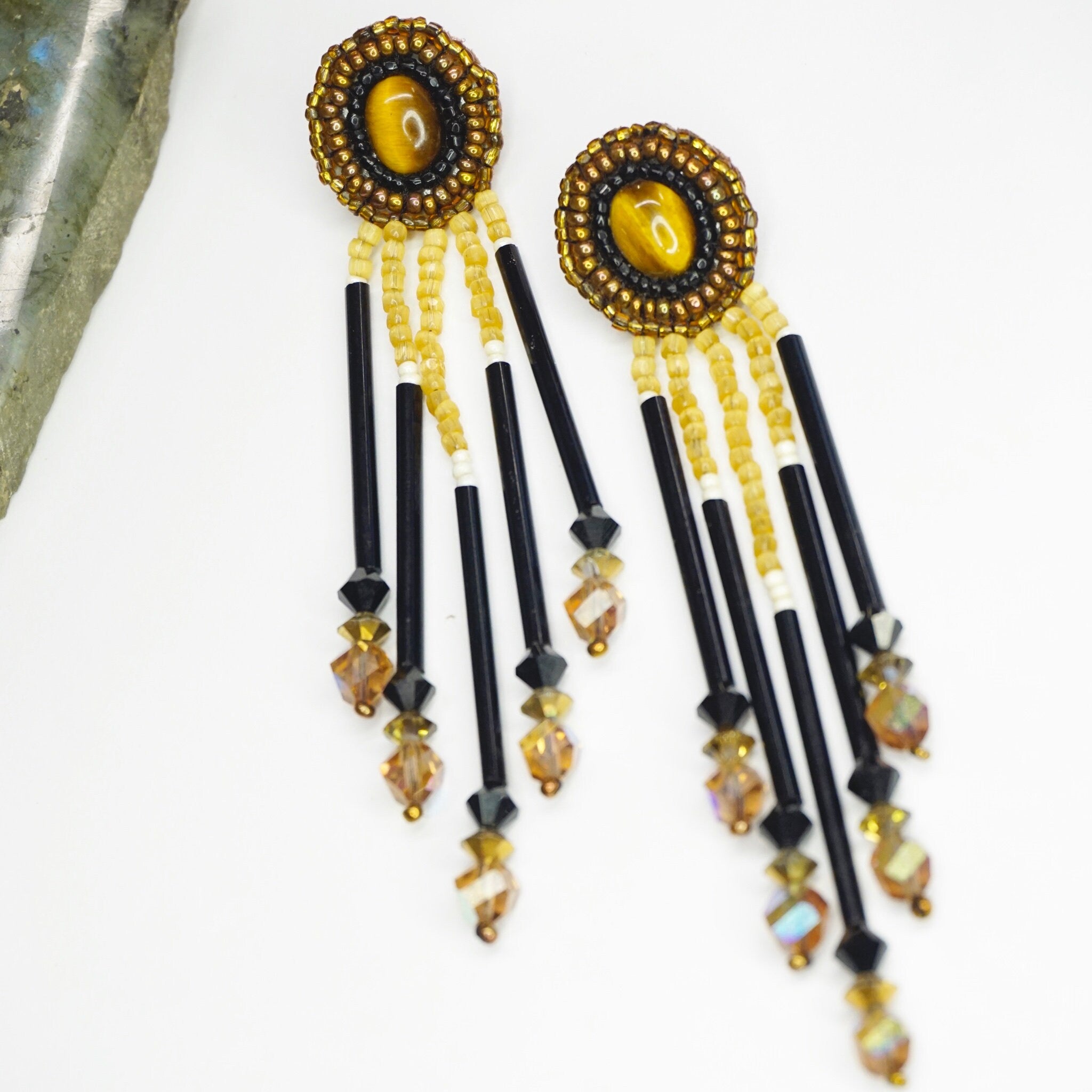 Vintage Beaded Tassel Stud Earrings, Beautiful Dangle Earrings With Warm Color Tones and Opalescent Accents, Boho Beaded Tassel Earrings