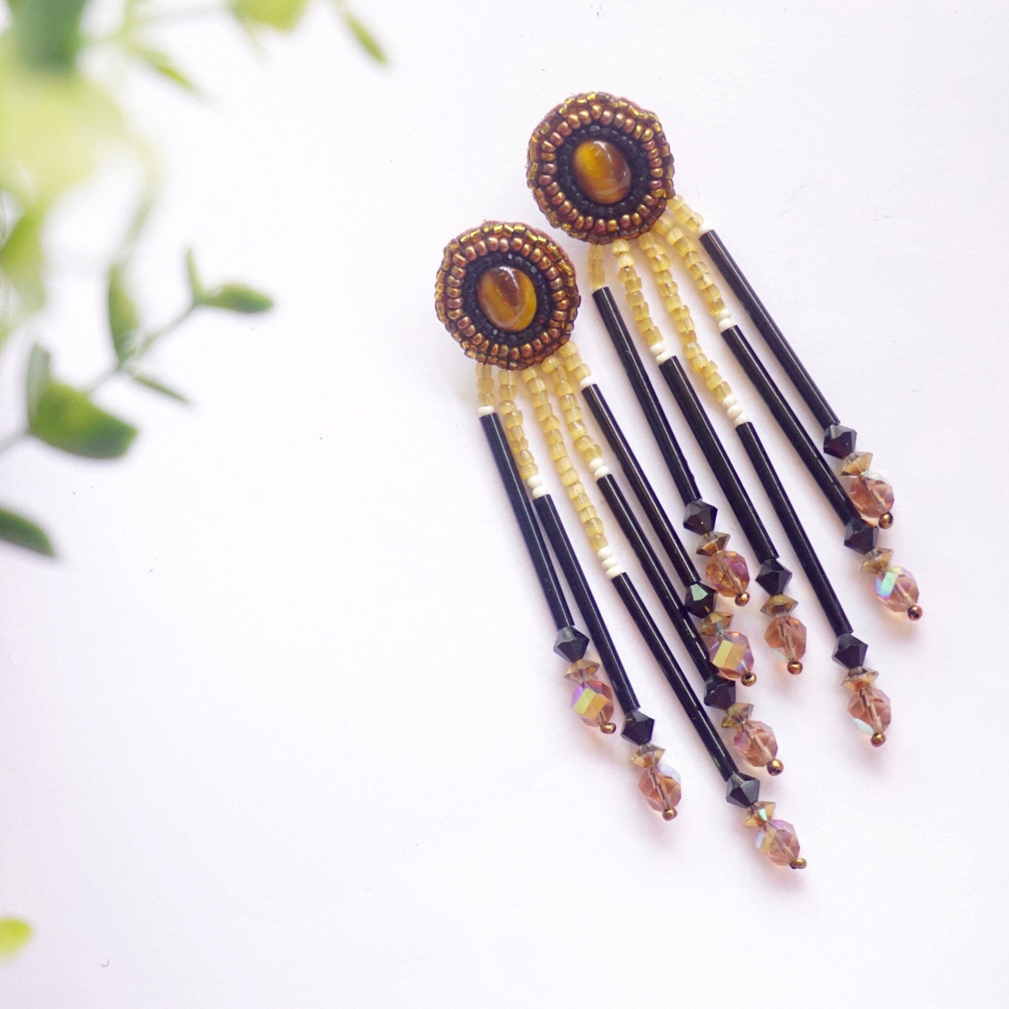 Vintage Beaded Tassel Stud Earrings, Beautiful Dangle Earrings With Warm Color Tones and Opalescent Accents, Boho Beaded Tassel Earrings