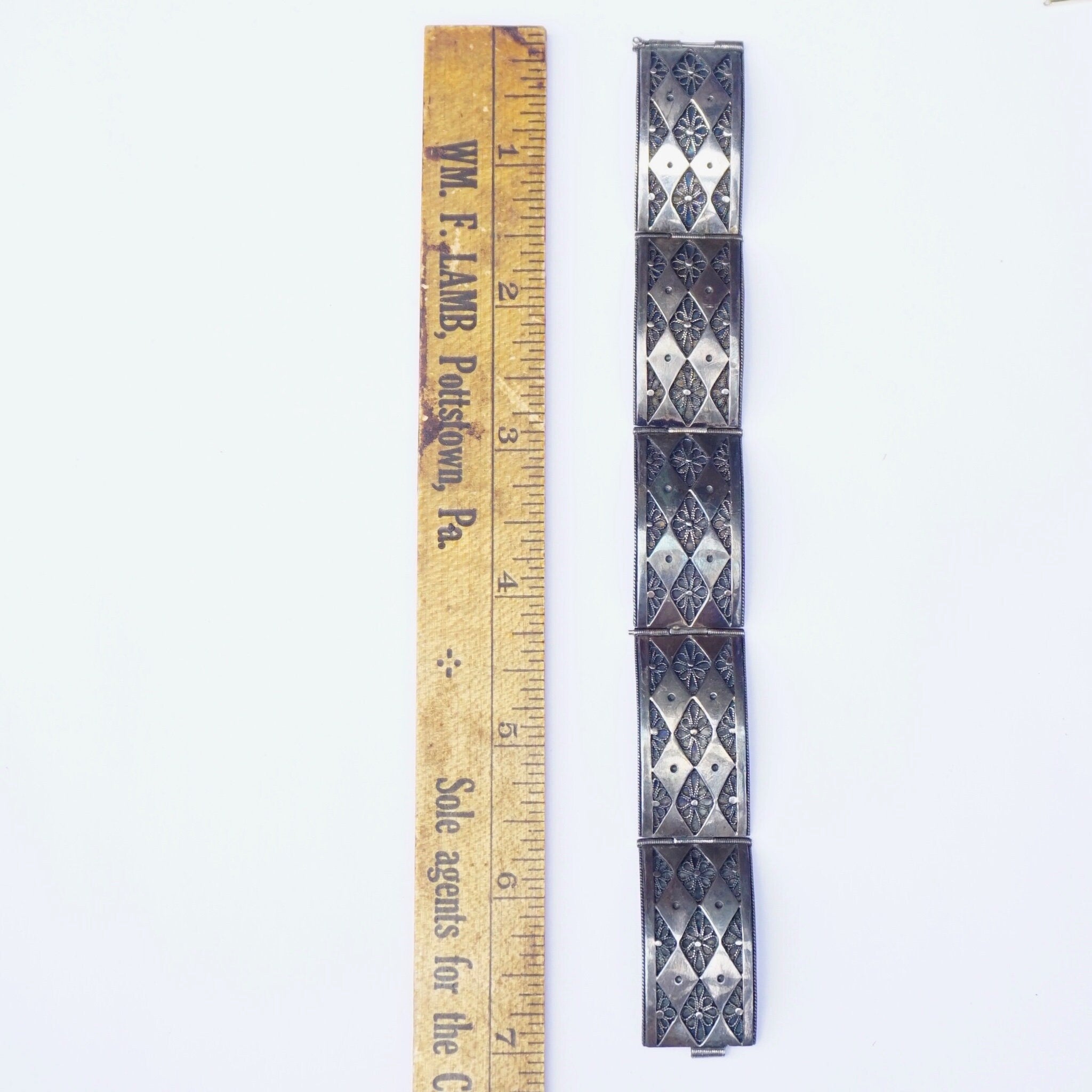 Vintage Sterling Silver Filagree Link Bracelet Made In Palestine, Silver Link Bracelet With Flower Details, Silver Link Bracelet
