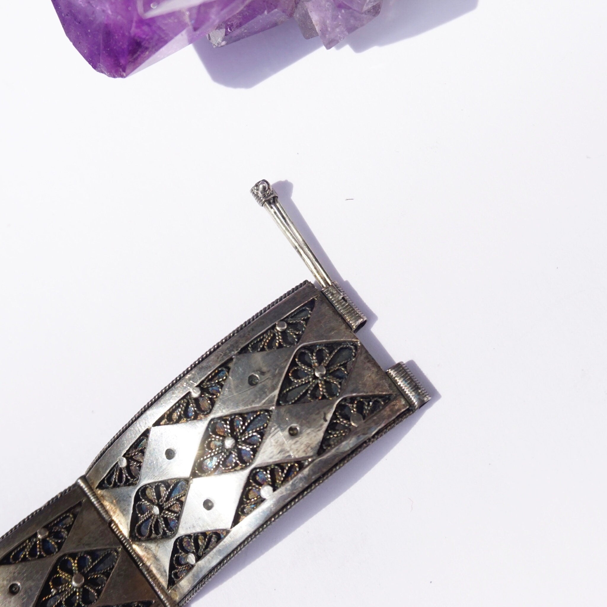 Vintage Sterling Silver Filagree Link Bracelet Made In Palestine, Silver Link Bracelet With Flower Details, Silver Link Bracelet