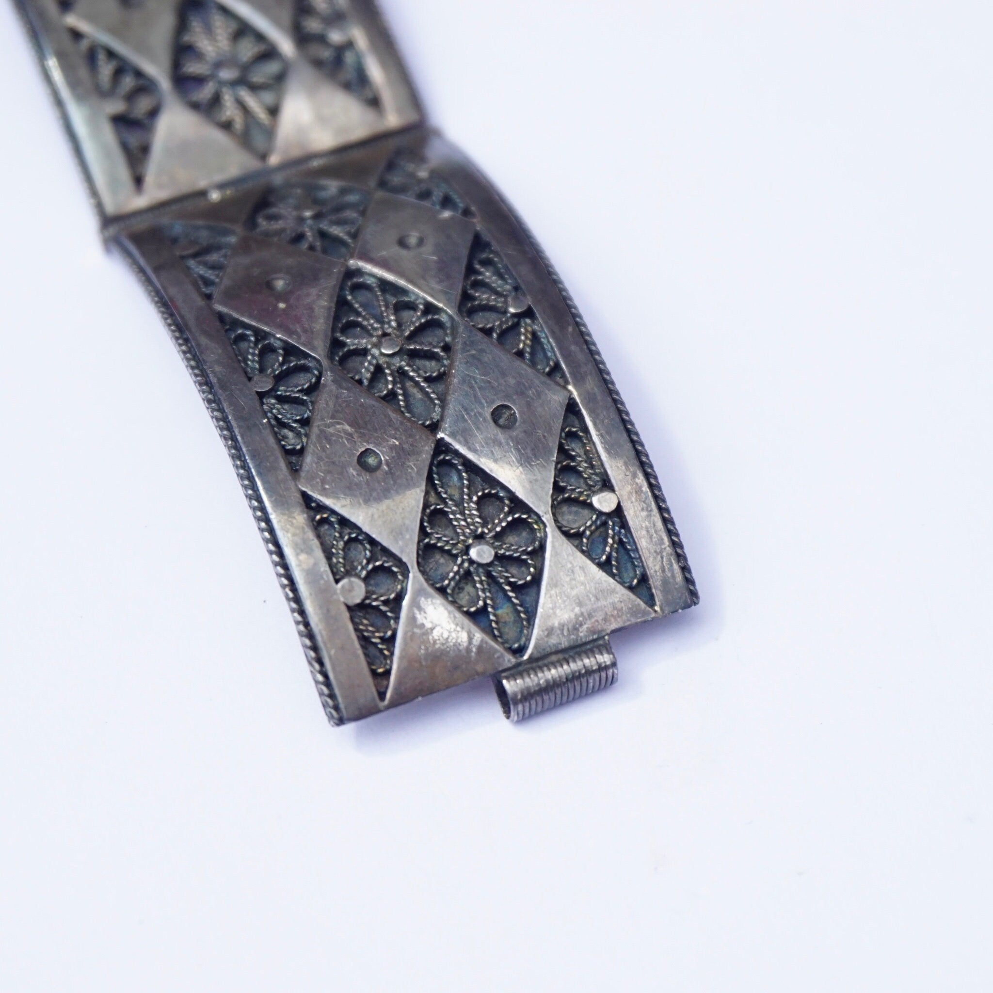 Vintage Sterling Silver Filagree Link Bracelet Made In Palestine, Silver Link Bracelet With Flower Details, Silver Link Bracelet