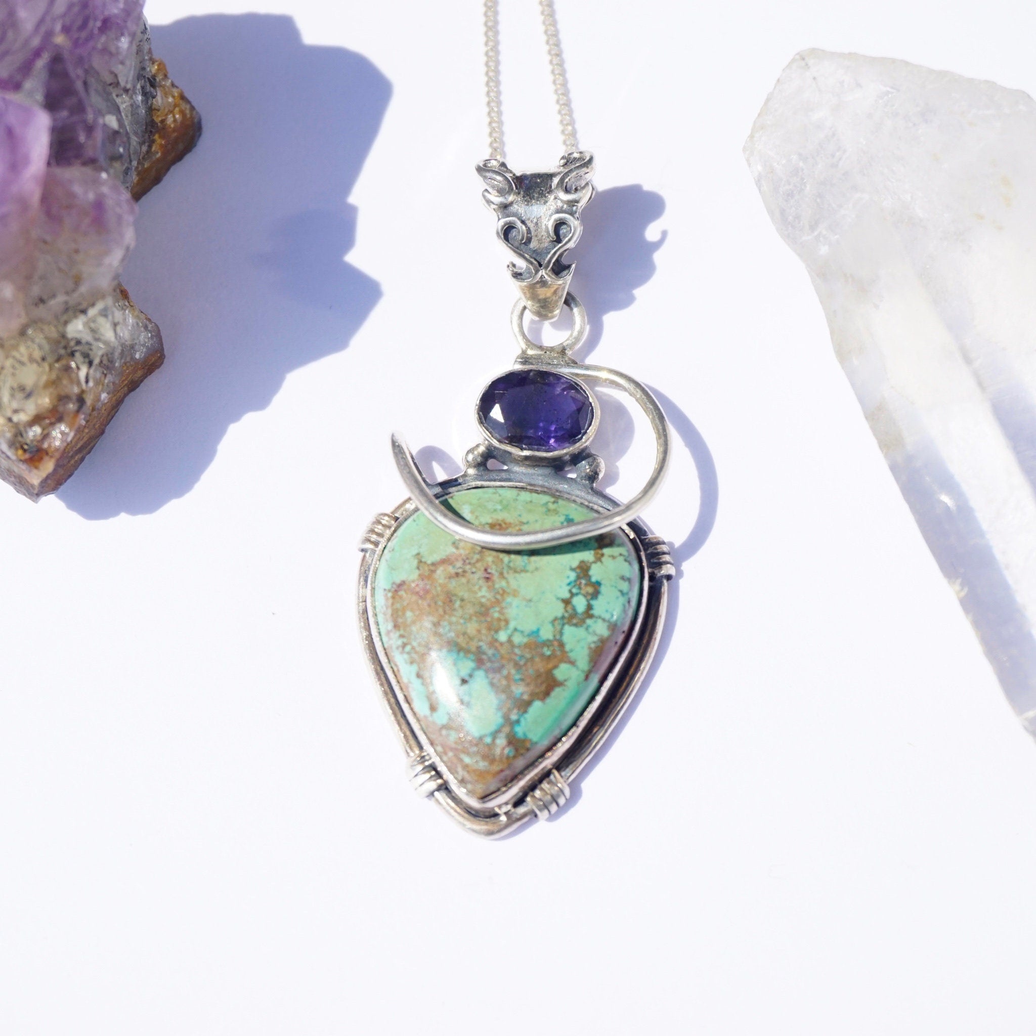 Vintage Italian Sterling Silver Turquoise and Amethyst Necklace, Unique Turquoise Necklace With Amethyst Gemstone, Italian Made Necklace