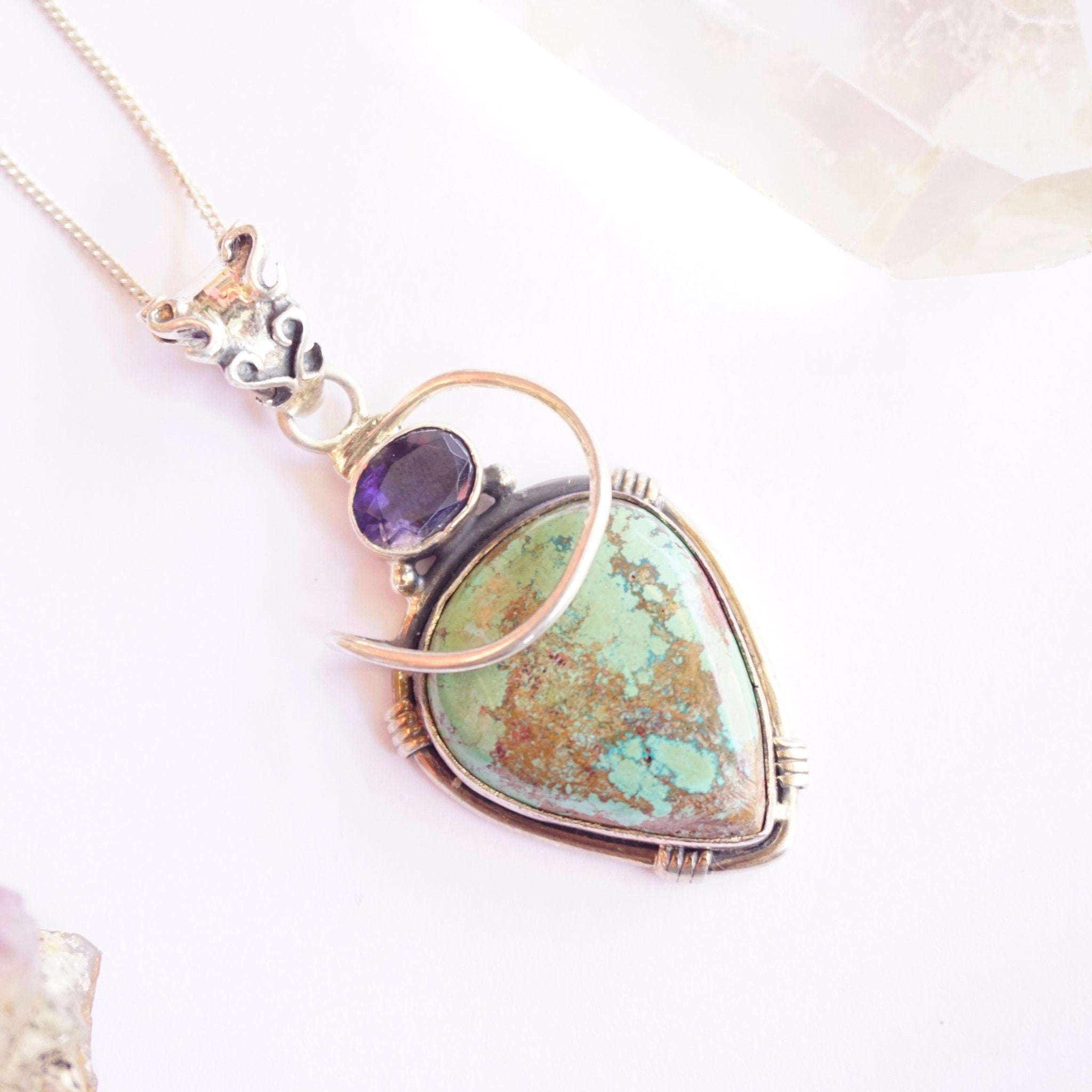 Vintage Italian Sterling Silver Turquoise and Amethyst Necklace, Unique Turquoise Necklace With Amethyst Gemstone, Italian Made Necklace