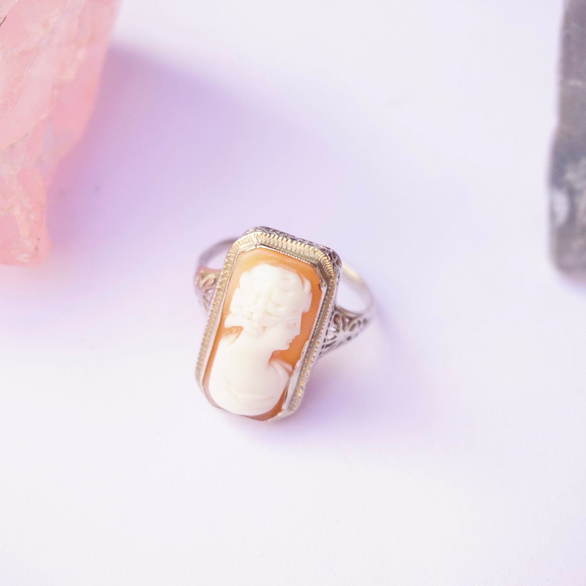 Vintage 14K White Gold Square Cameo Ring, Antique Cameo Ring, Unique Square Woman Cameo Ring, Authentic Cameo, Beautiful Gold Cameo Ring