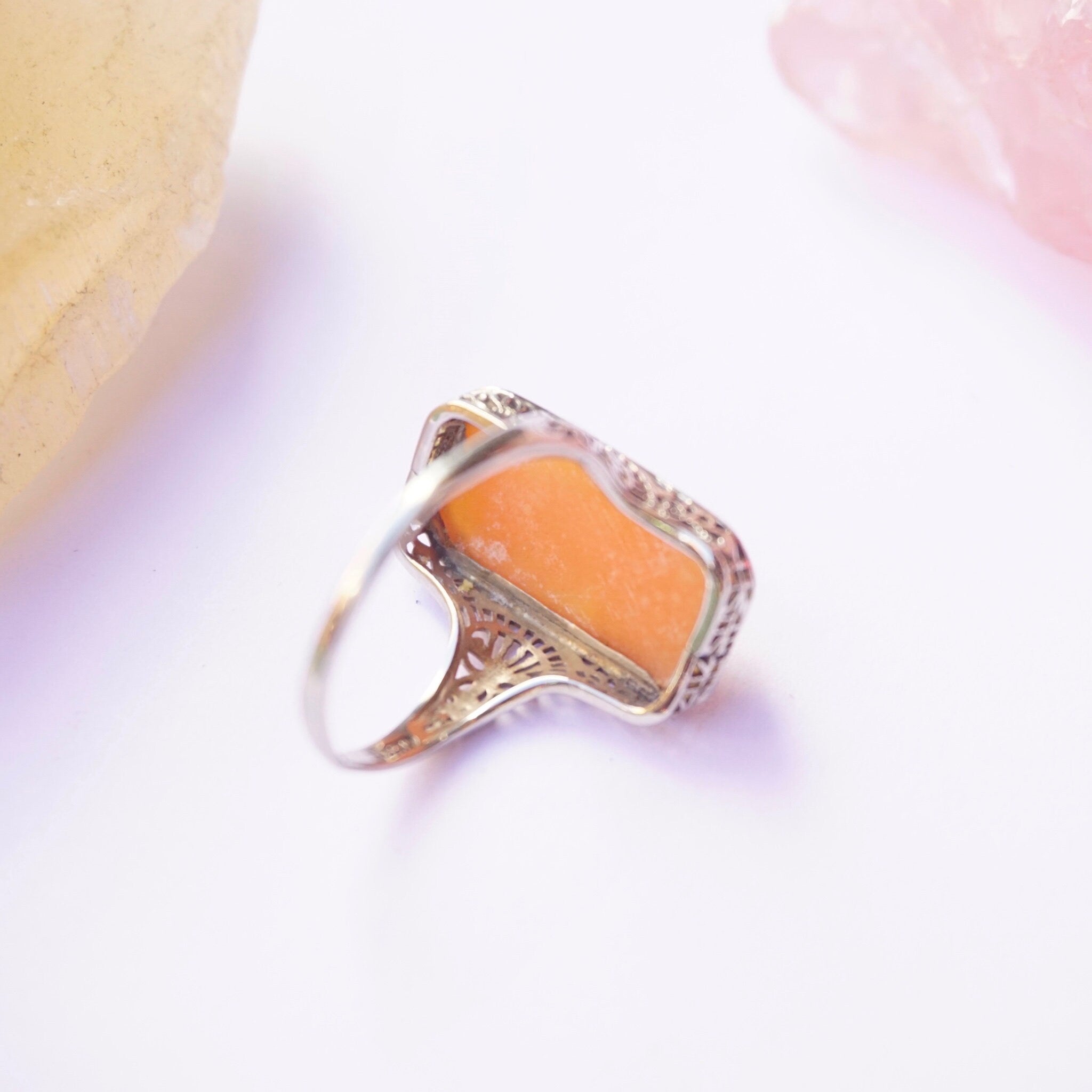 Vintage 14K White Gold Square Cameo Ring, Antique Cameo Ring, Unique Square Woman Cameo Ring, Authentic Cameo, Beautiful Gold Cameo Ring