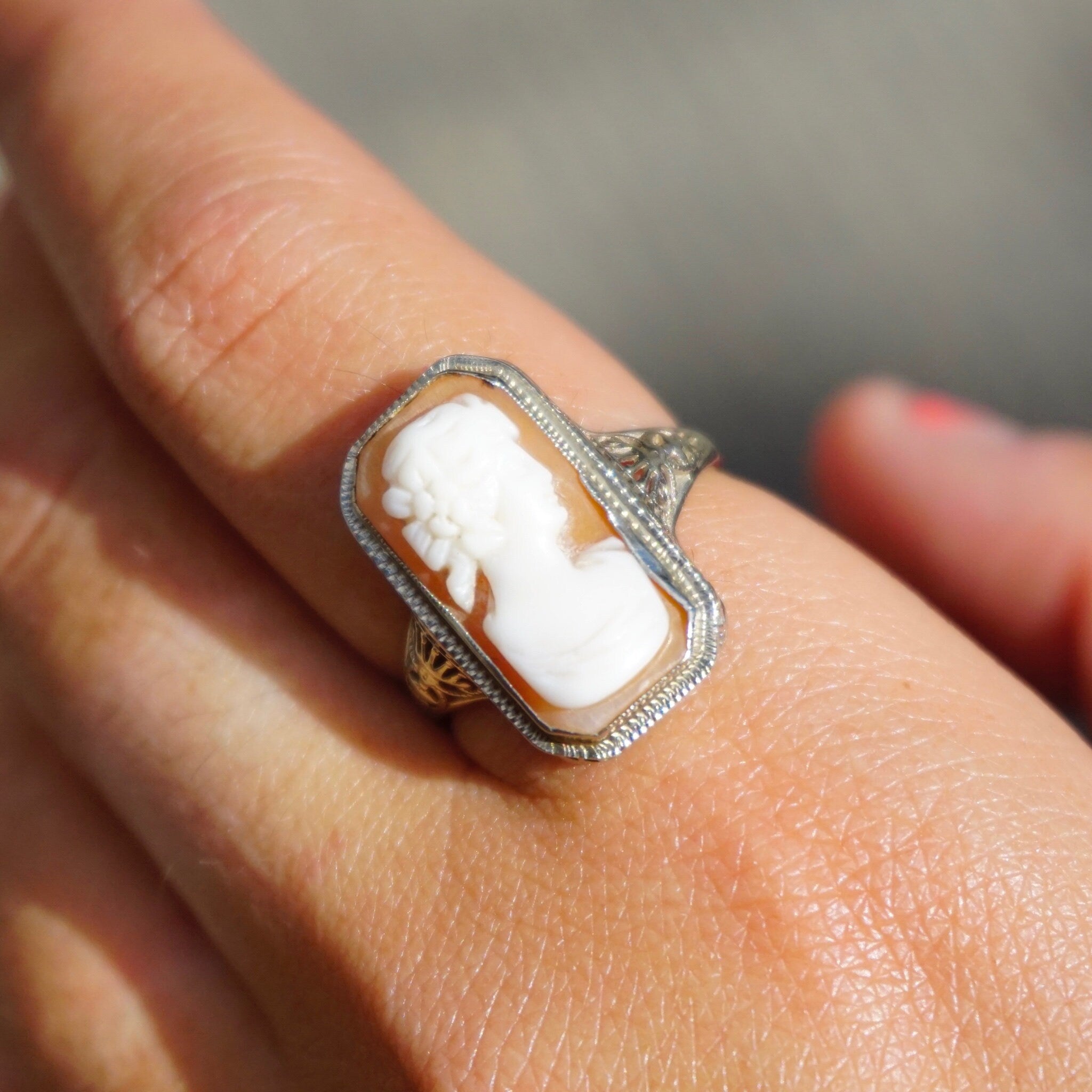 Vintage 14K White Gold Square Cameo Ring, Antique Cameo Ring, Unique Square Woman Cameo Ring, Authentic Cameo, Beautiful Gold Cameo Ring