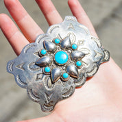 Vintage Turquoise Nickel Silver Bell Belt Buckle, Rectangle Cowboy Belt Buckle, Unique Southwest Turquoise Belt Buckle, Silver Belt Buckle