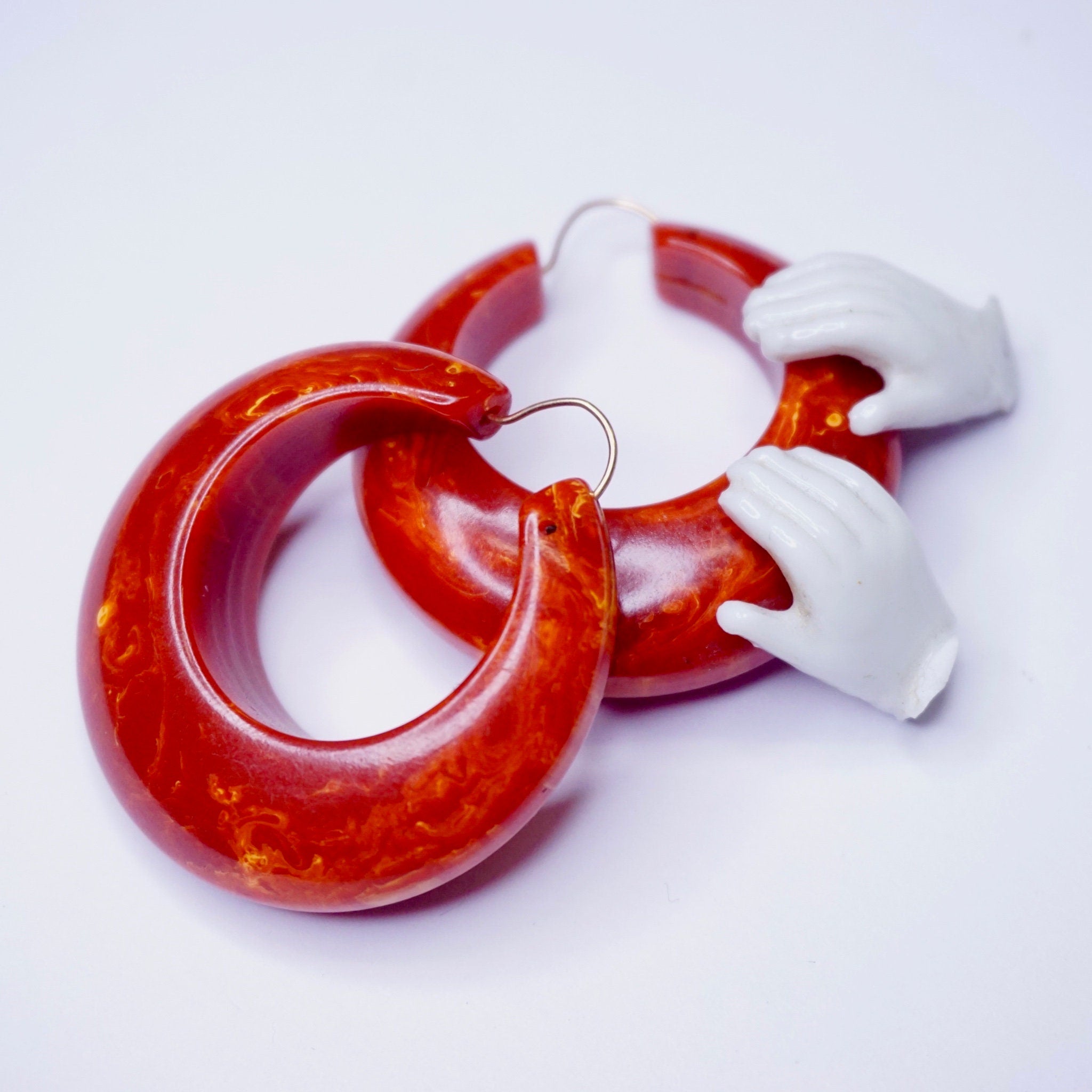 Vintage Bakelite Hoop Earrings, Red and Orange Marbled Bakelite Earrings, 1960's Style Hoop Earrings, Unique Hoop Earrings