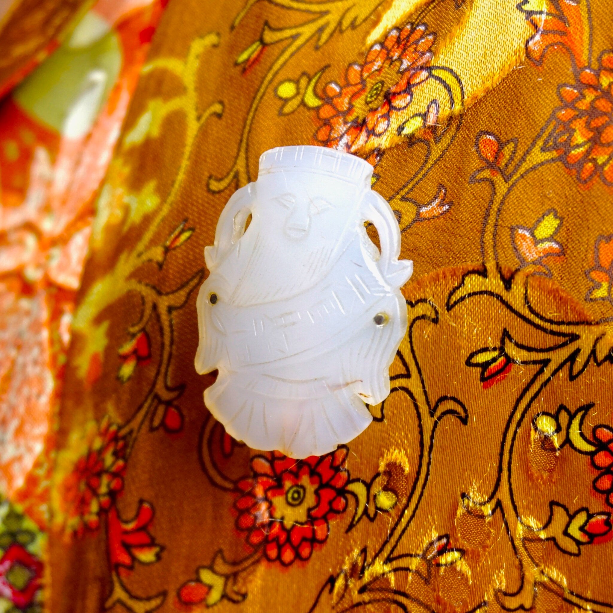 Vintage White Nephrite Jade Brooch Pendant, Antique Mutton Fat Jade With Carved Chinese Characters, Abstract White Jade Brooch