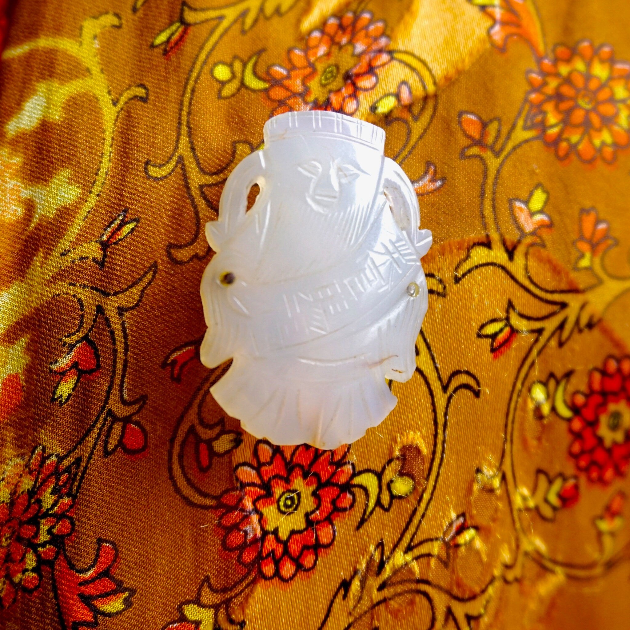 Vintage White Nephrite Jade Brooch Pendant, Antique Mutton Fat Jade With Carved Chinese Characters, Abstract White Jade Brooch