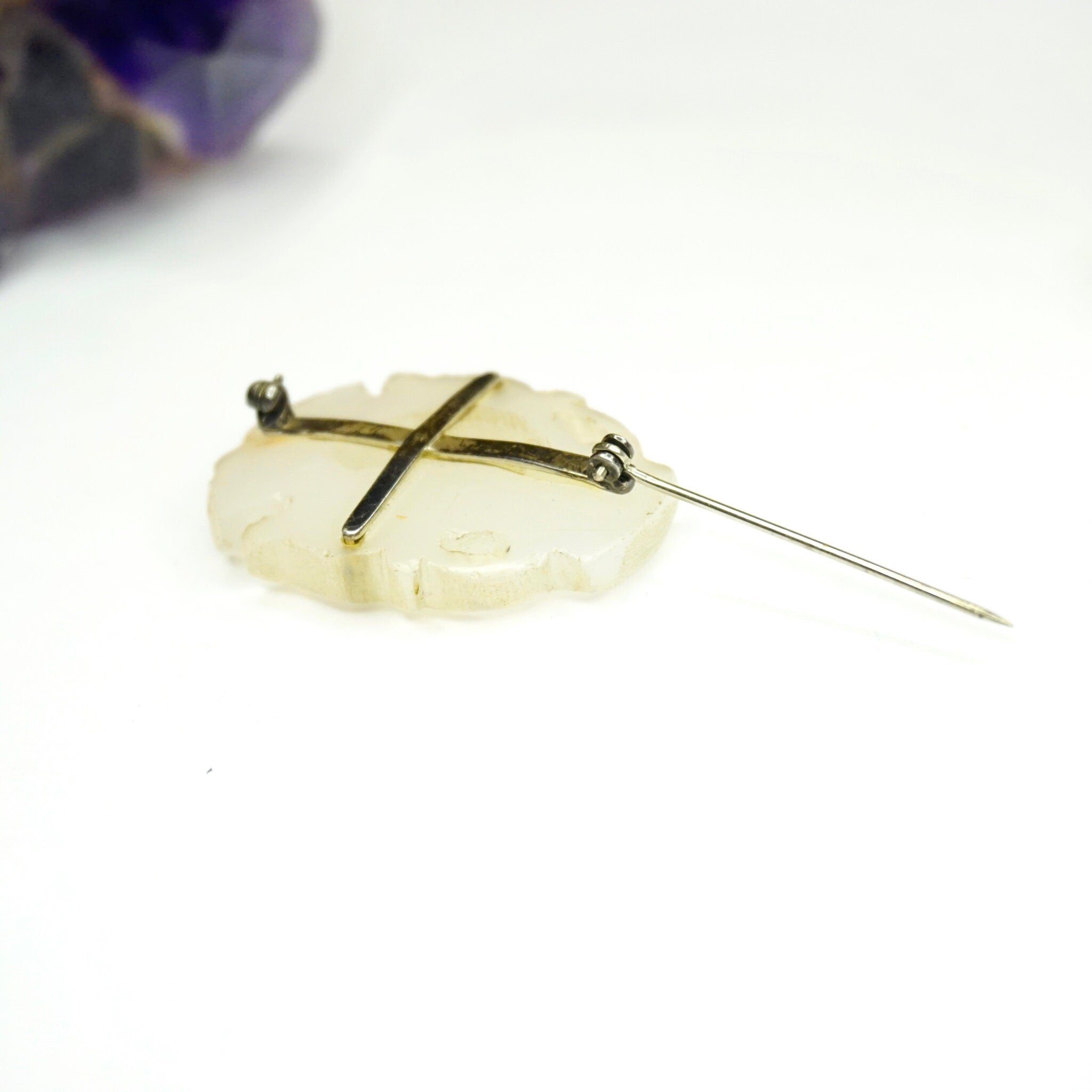 Vintage White Nephrite Jade Brooch Pendant, Antique Mutton Fat Jade With Carved Chinese Characters, Abstract White Jade Brooch