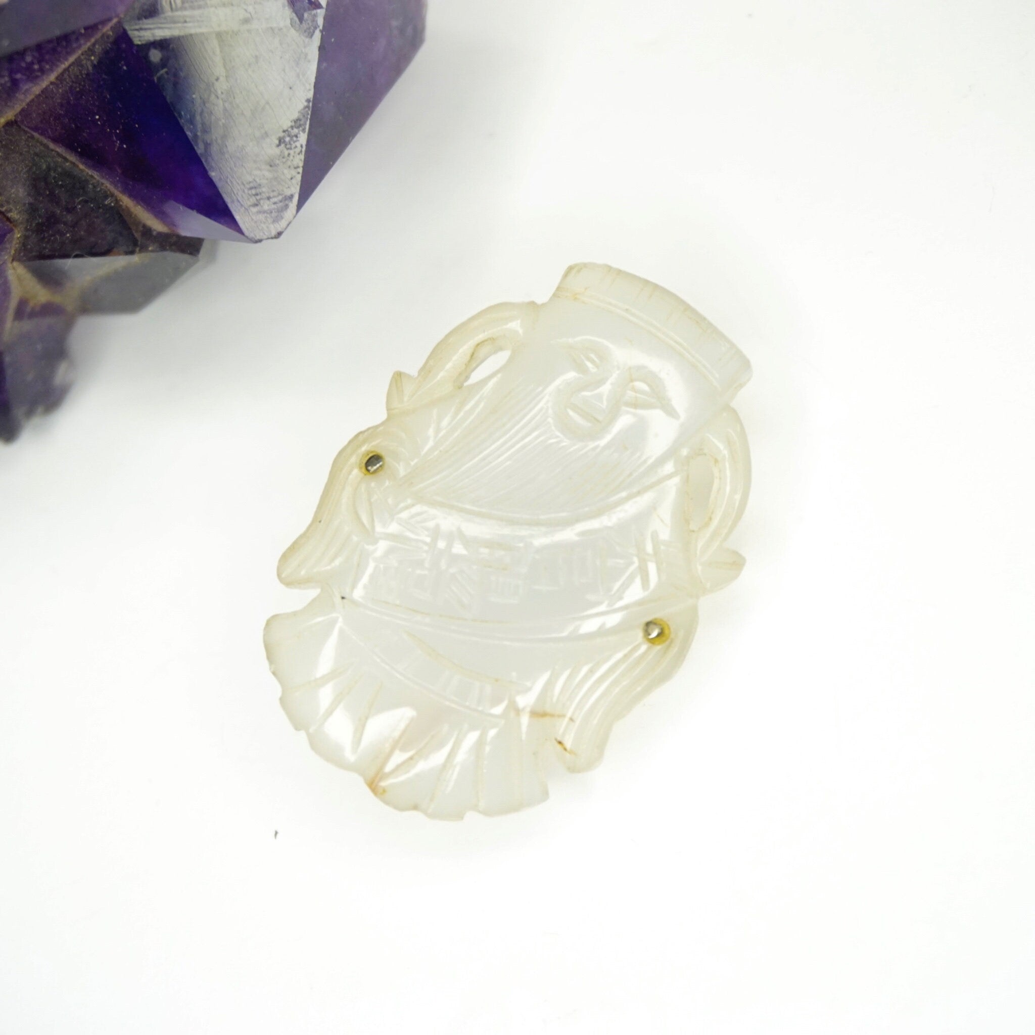 Vintage White Nephrite Jade Brooch Pendant, Antique Mutton Fat Jade With Carved Chinese Characters, Abstract White Jade Brooch