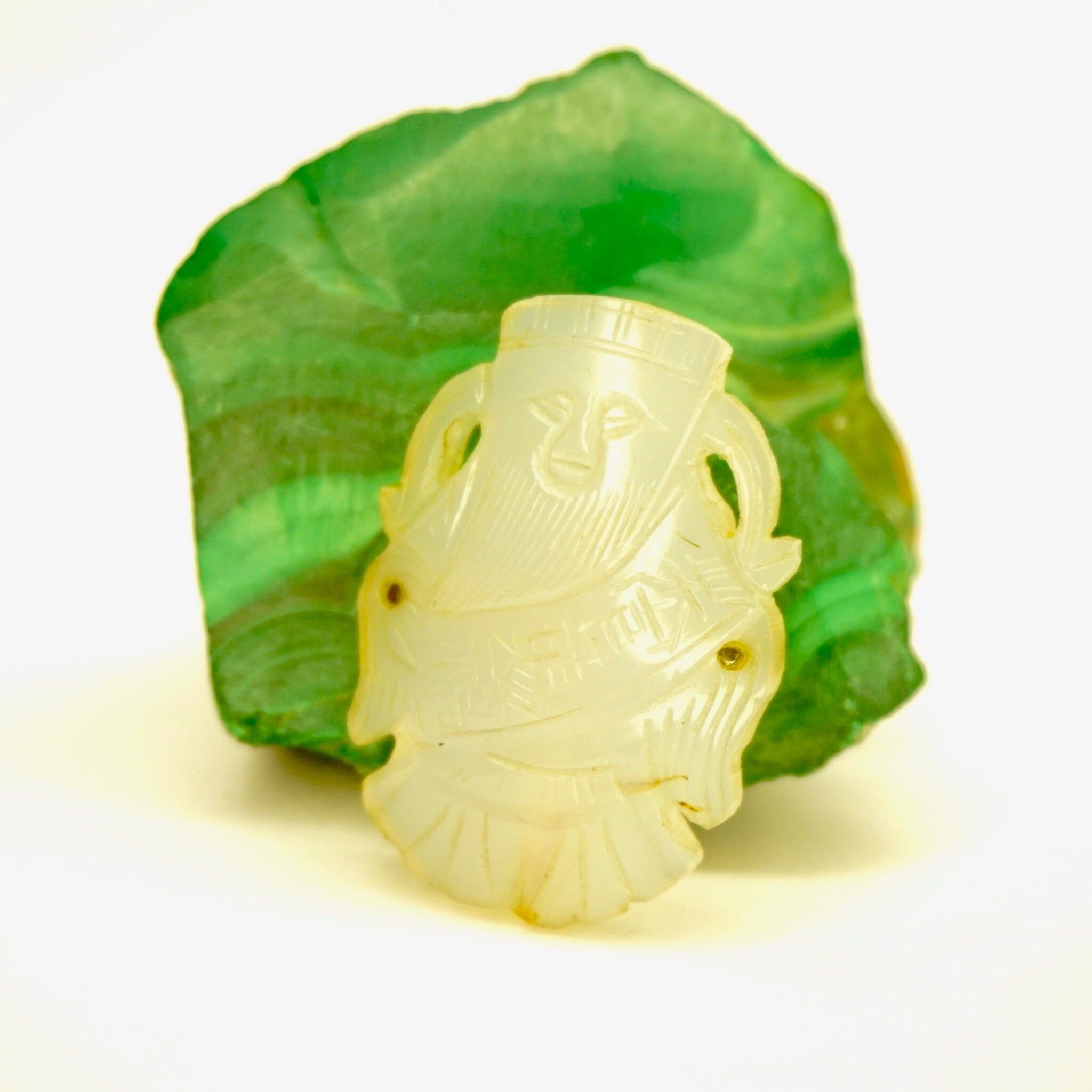 Vintage White Nephrite Jade Brooch Pendant, Antique Mutton Fat Jade With Carved Chinese Characters, Abstract White Jade Brooch