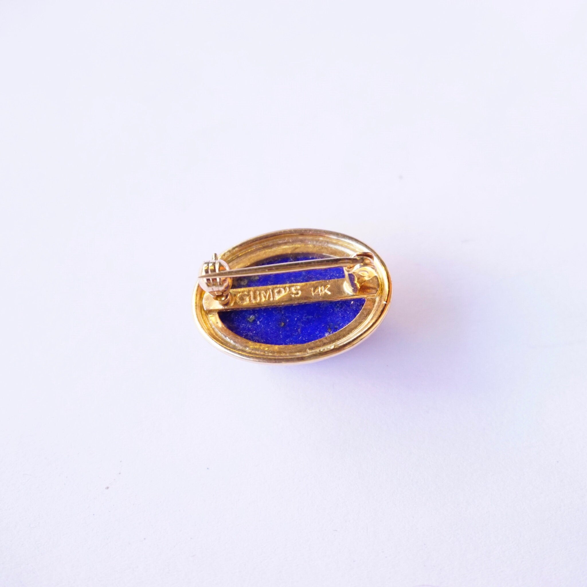 Vintage Gump's 14K Gold Lapis Lazuli Brooch, Antique Gold Pin With Lapis Lazuli Gemstone, Beautiful Blue And Gold Brooch, Gump's Jewelry