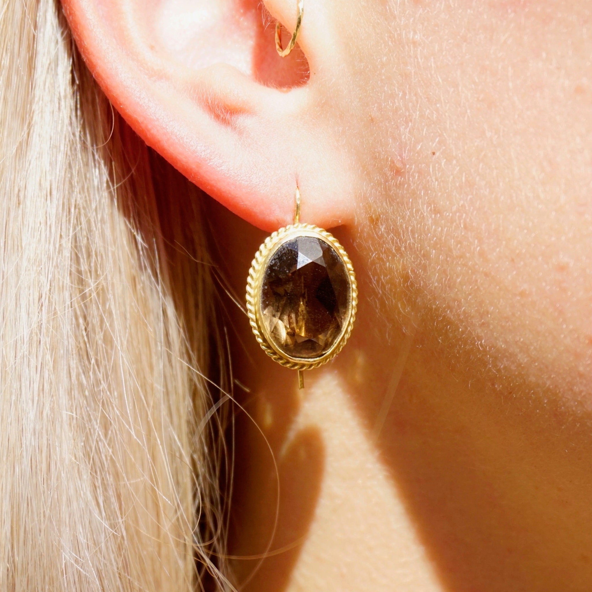 Vintage 14K Gold Smoky Quartz Drop Earrings, Antique Gold Earrings With Brown Gemstones, Delicate Smoky Quartz Earrings, 14K Gold Earrings