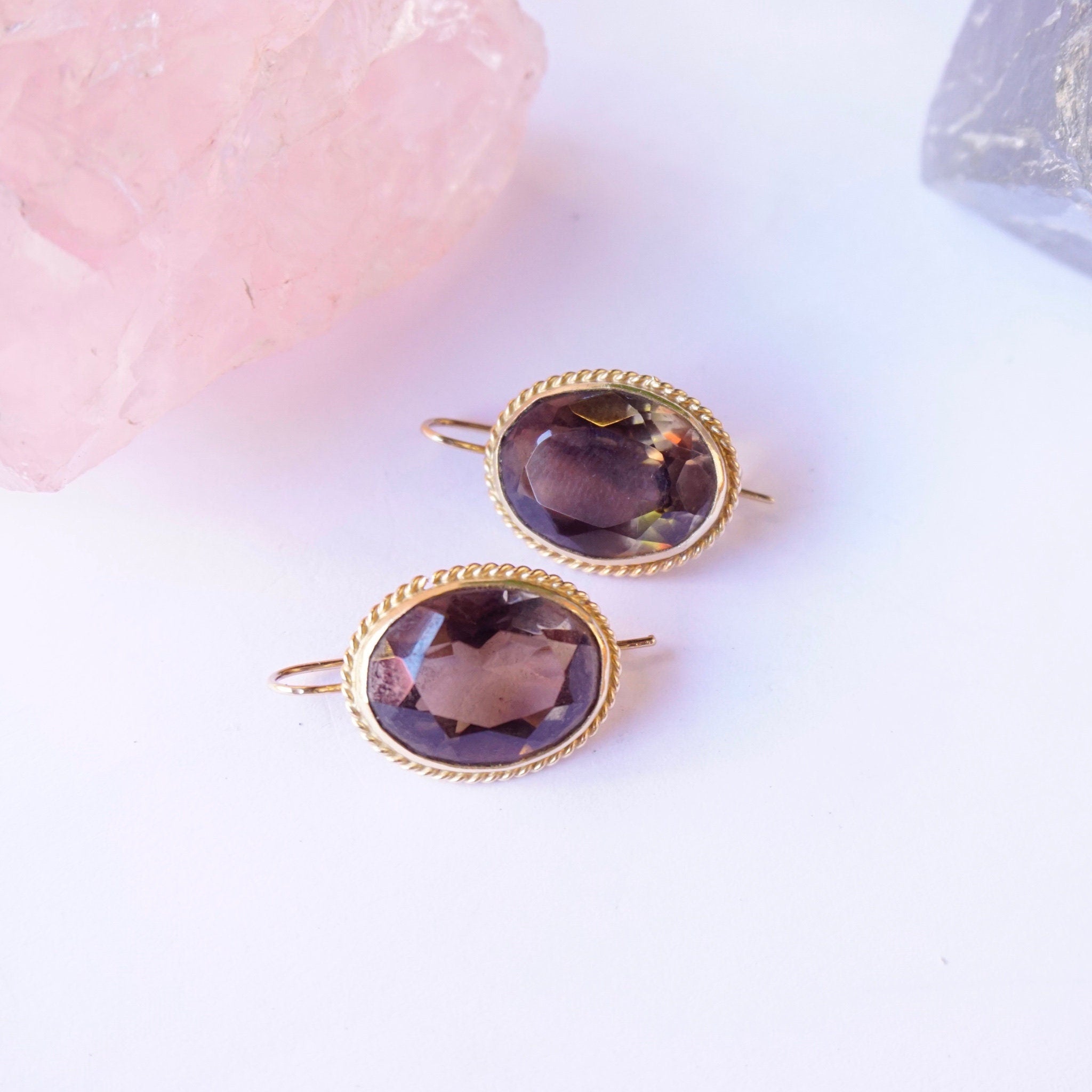 Vintage 14K Gold Smoky Quartz Drop Earrings, Antique Gold Earrings With Brown Gemstones, Delicate Smoky Quartz Earrings, 14K Gold Earrings
